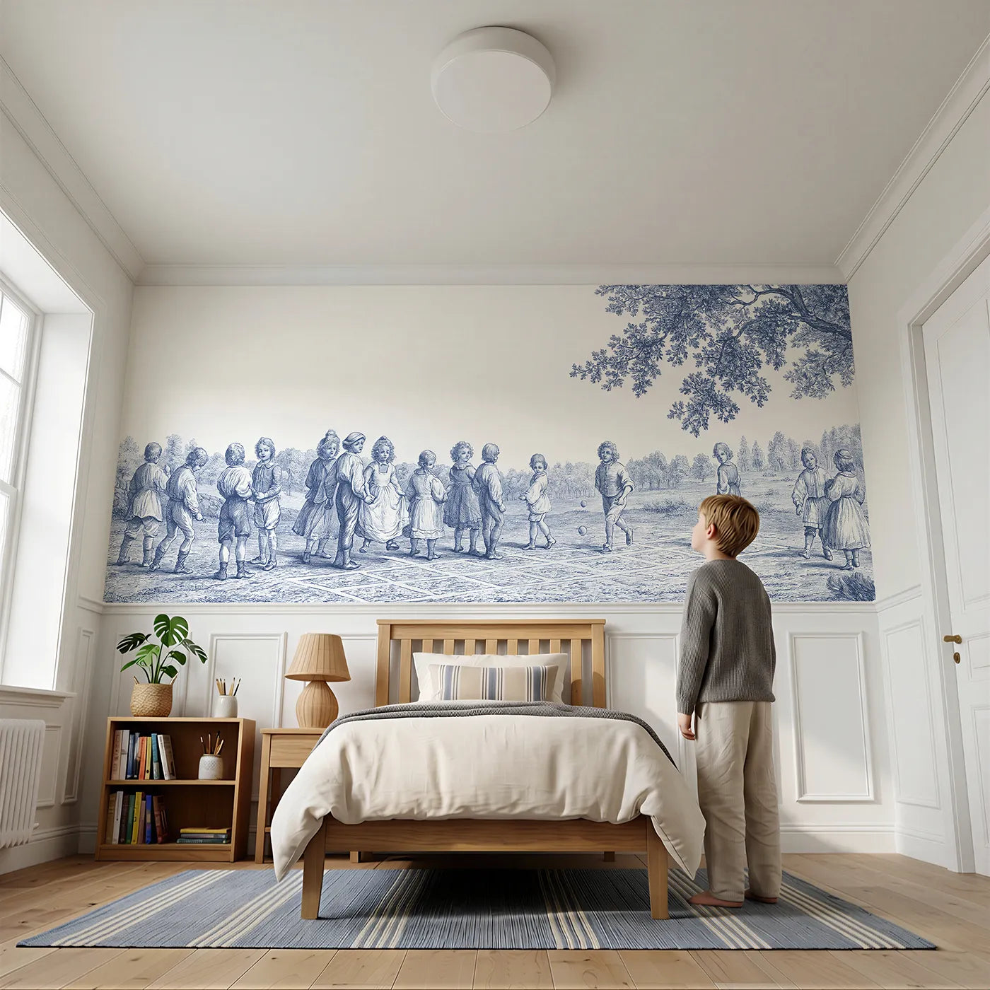 Child reading near The Hopscotch Squares Wainscoting Wallpaper by Whimsy Tots