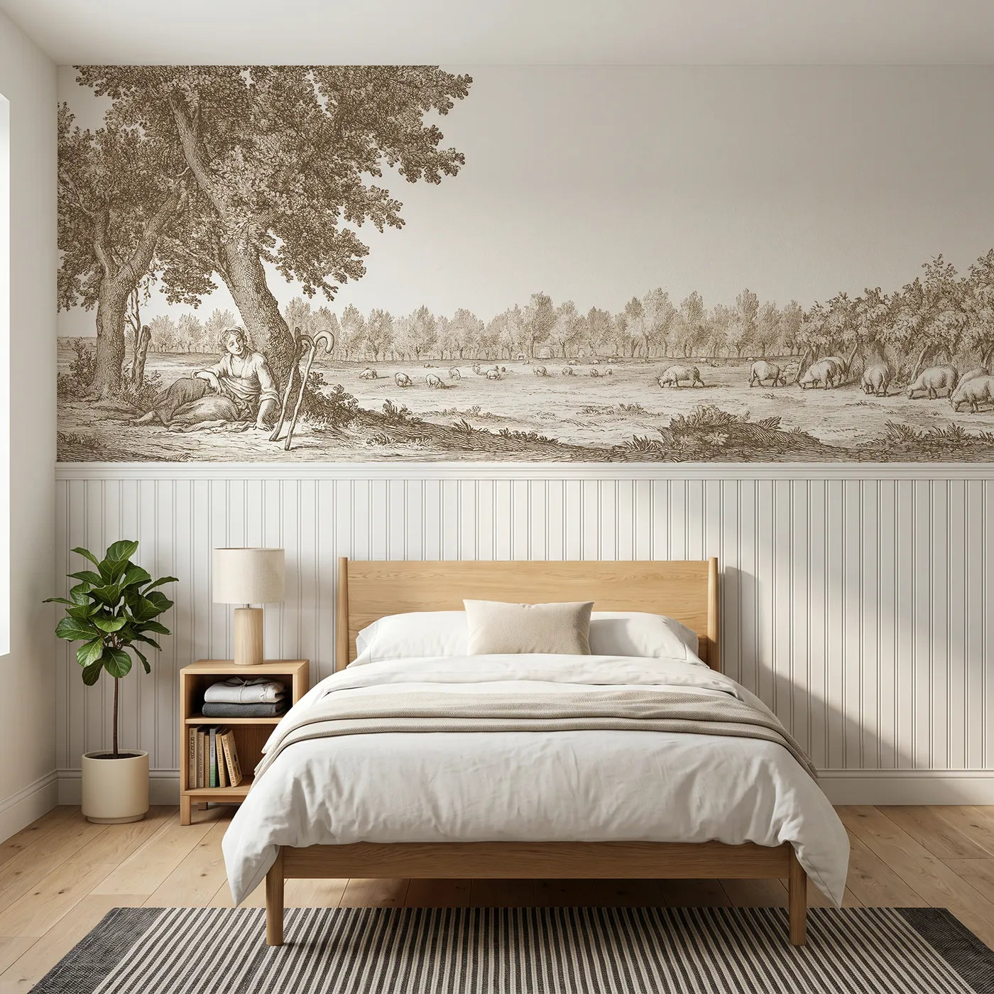 Toile wainscoting wallpaper of the shepherdess resting in brown by Whimsy Tots
