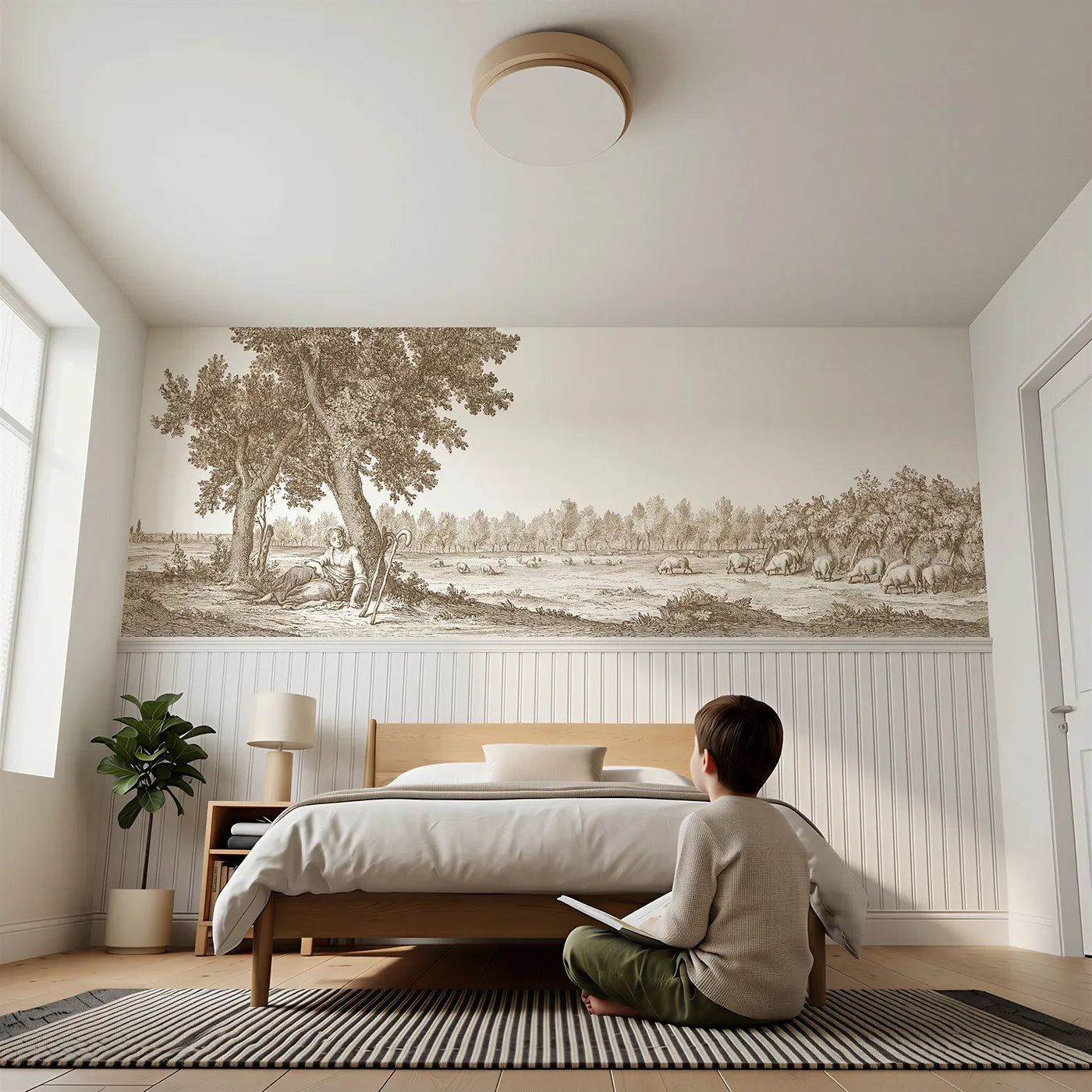 Child reading near The Shepherdess Rests Wainscoting Wallpaper in Brown by Whimsy Tots