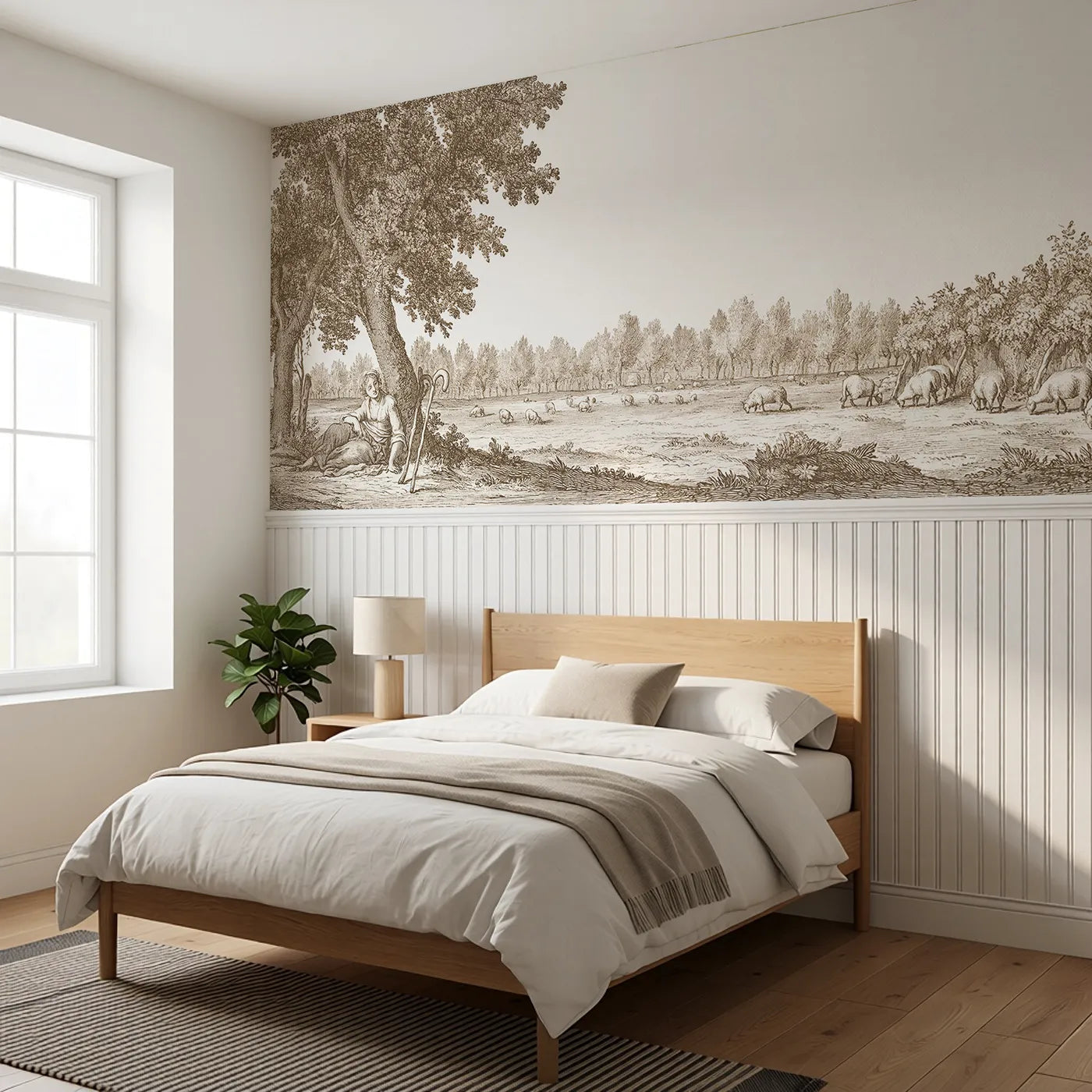 The Shepherdess Rests Wainscoting Wallpaper in Brown styled in a kids room by Whimsy Tots