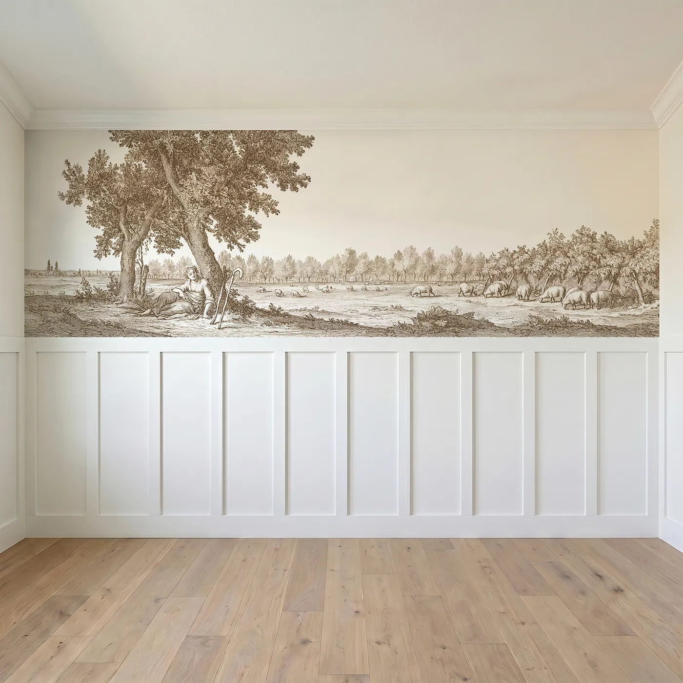 Full panel view of The Shepherdess Rests Wainscoting Wallpaper in Brown by Whimsy Tots