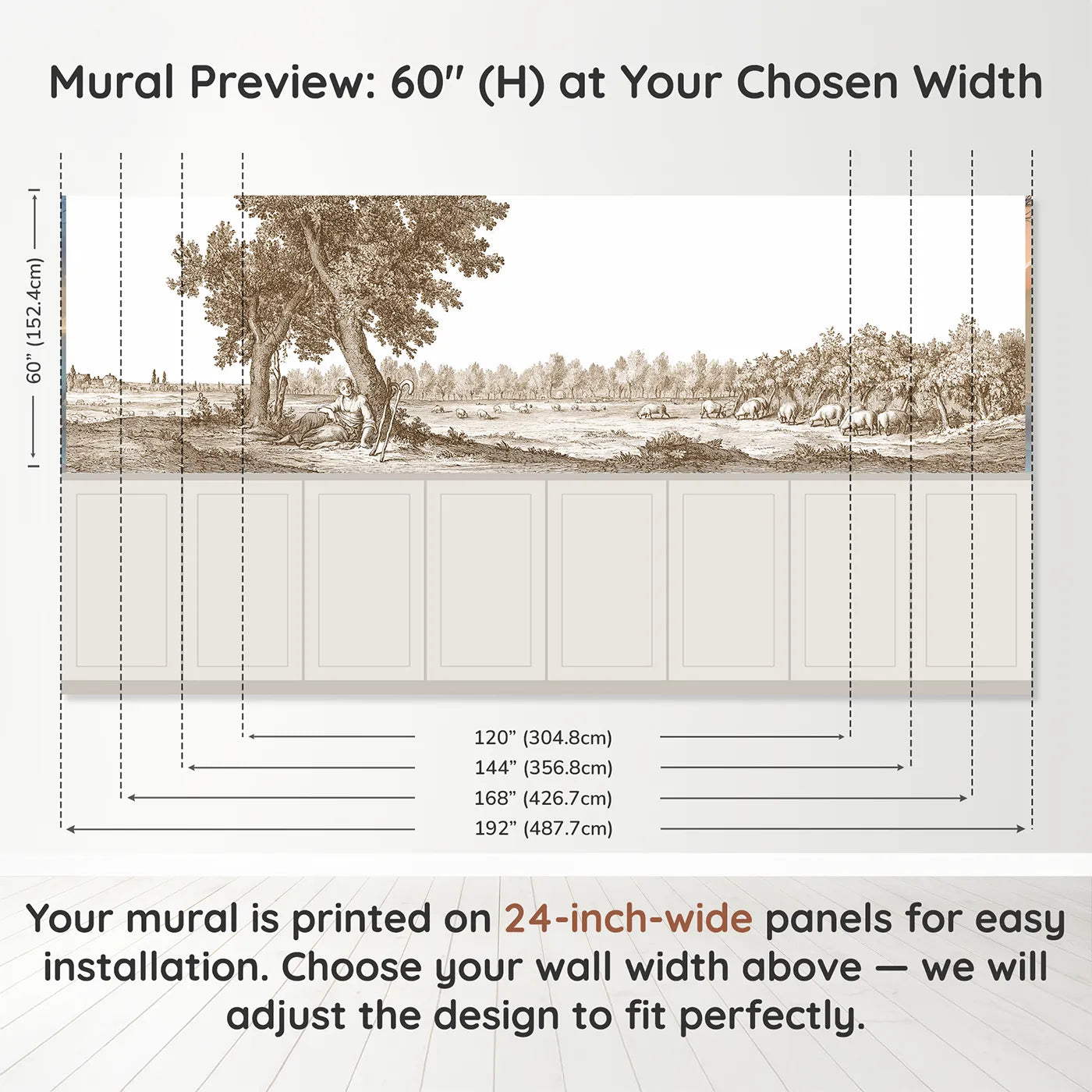 Panel dimensions for The Shepherdess Rests Wainscoting Wallpaper in Brown by Whimsy Tots