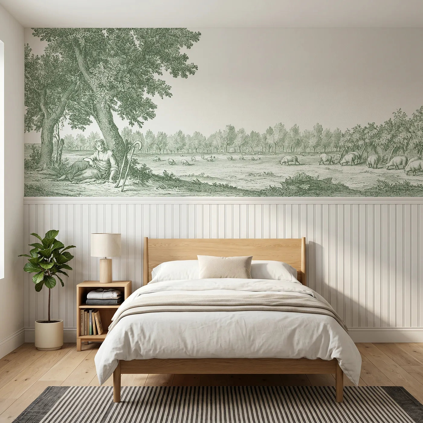 Toile wainscoting wallpaper of the shepherdess resting in green by Whimsy Tots