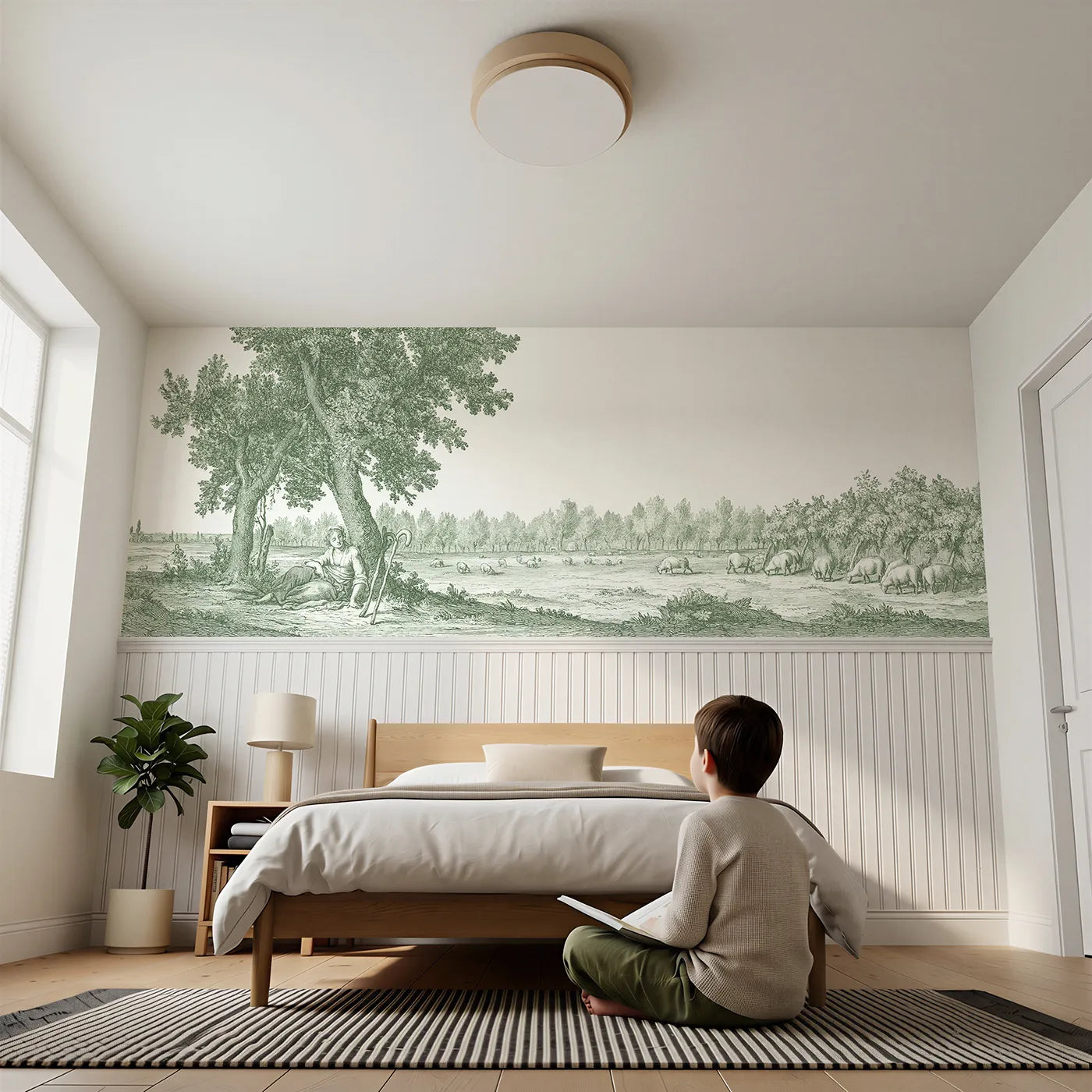 Child reading near The Shepherdess Rests Wainscoting Wallpaper in Green by Whimsy Tots