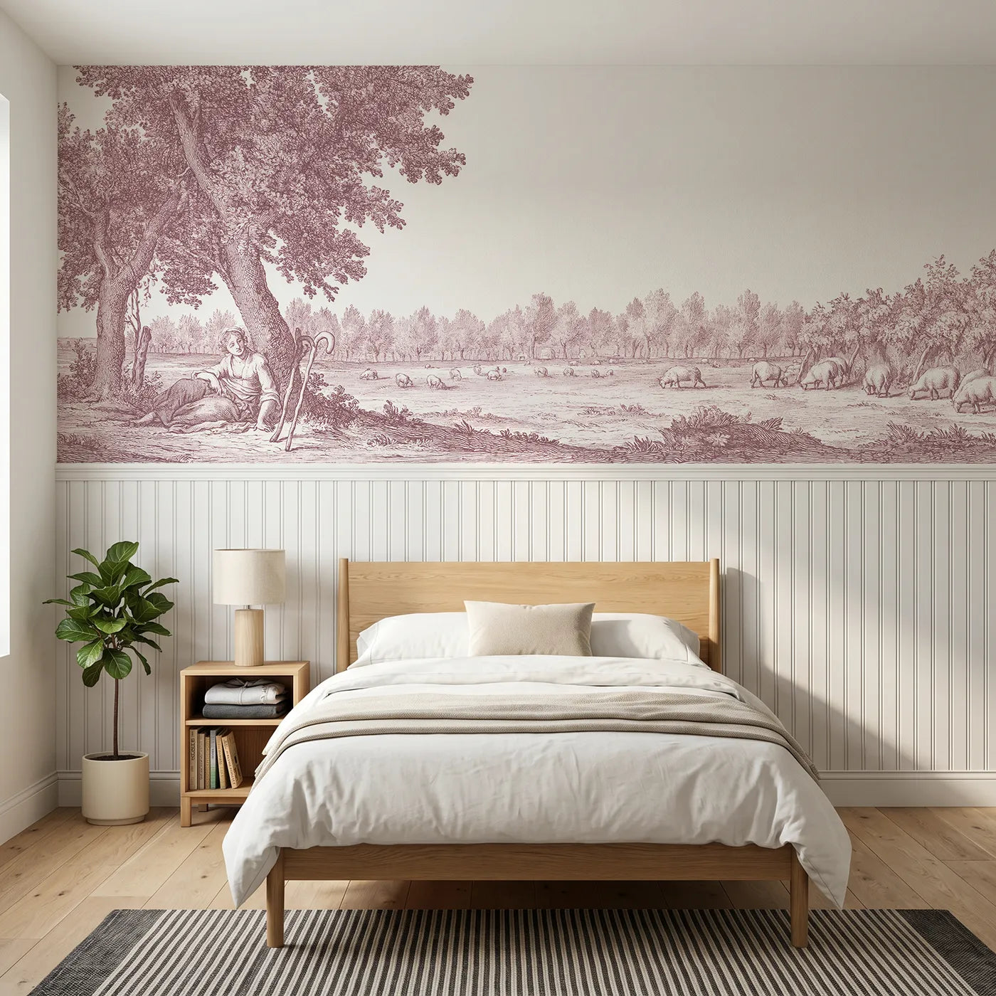 Toile wainscoting wallpaper of the shepherdess resting in pink by Whimsy Tots