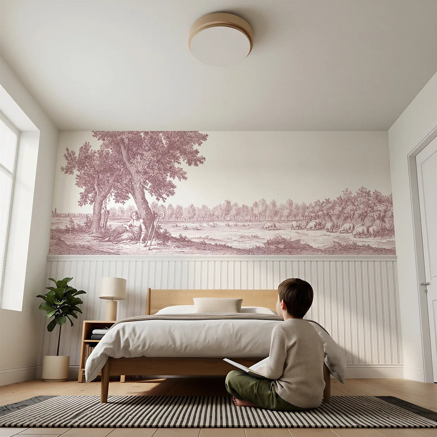 Child reading near The Shepherdess Rests Wainscoting Wallpaper in Pink by Whimsy Tots