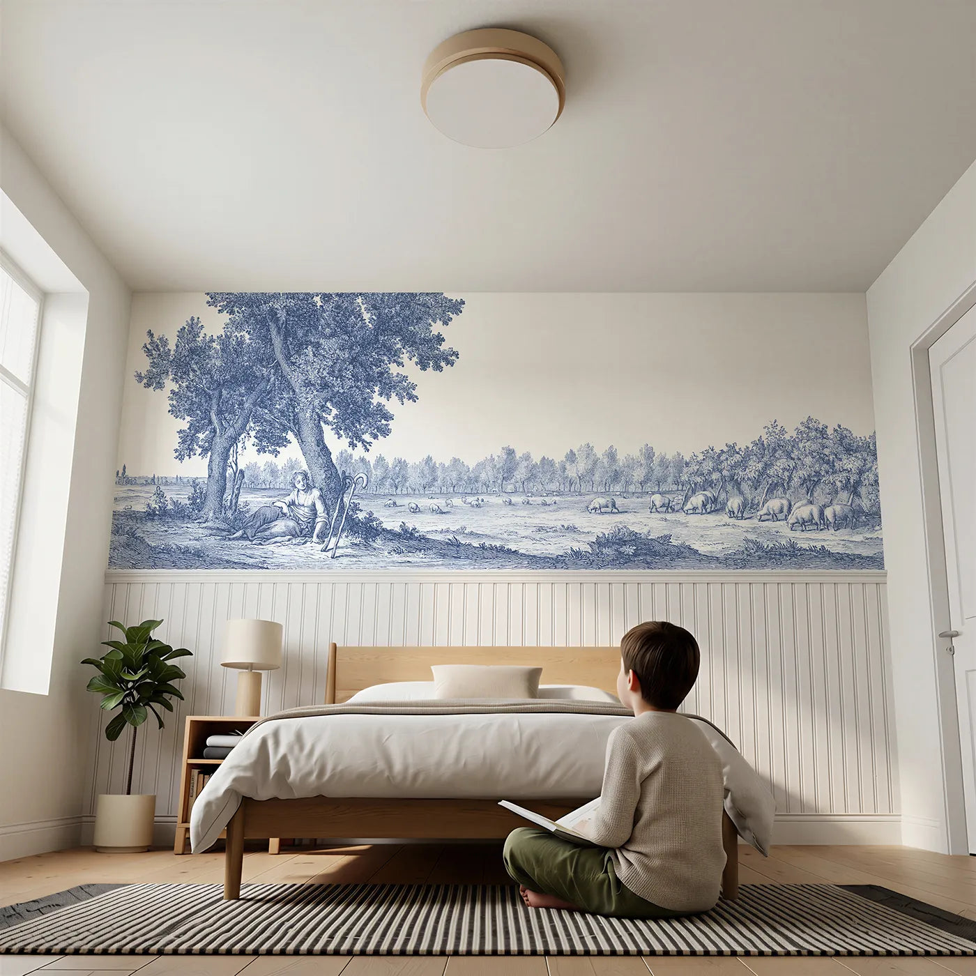 Child reading near The Shepherdess Rests Wainscoting Wallpaper by Whimsy Tots