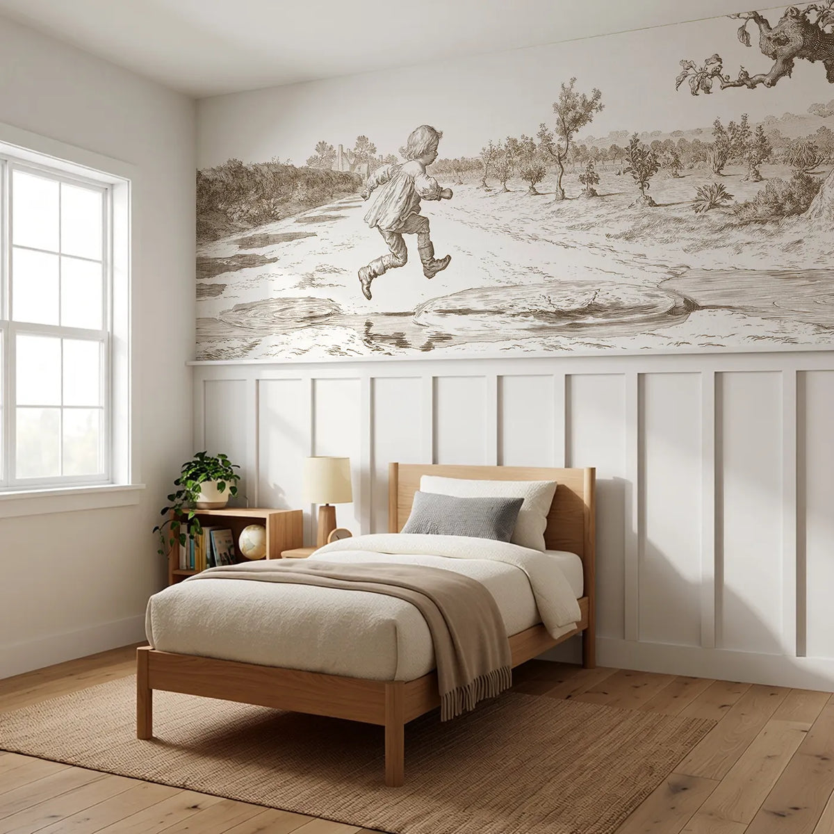 Jumping The Puddles Wainscoting Wallpaper in Brown styled in a kids room by Whimsy Tots