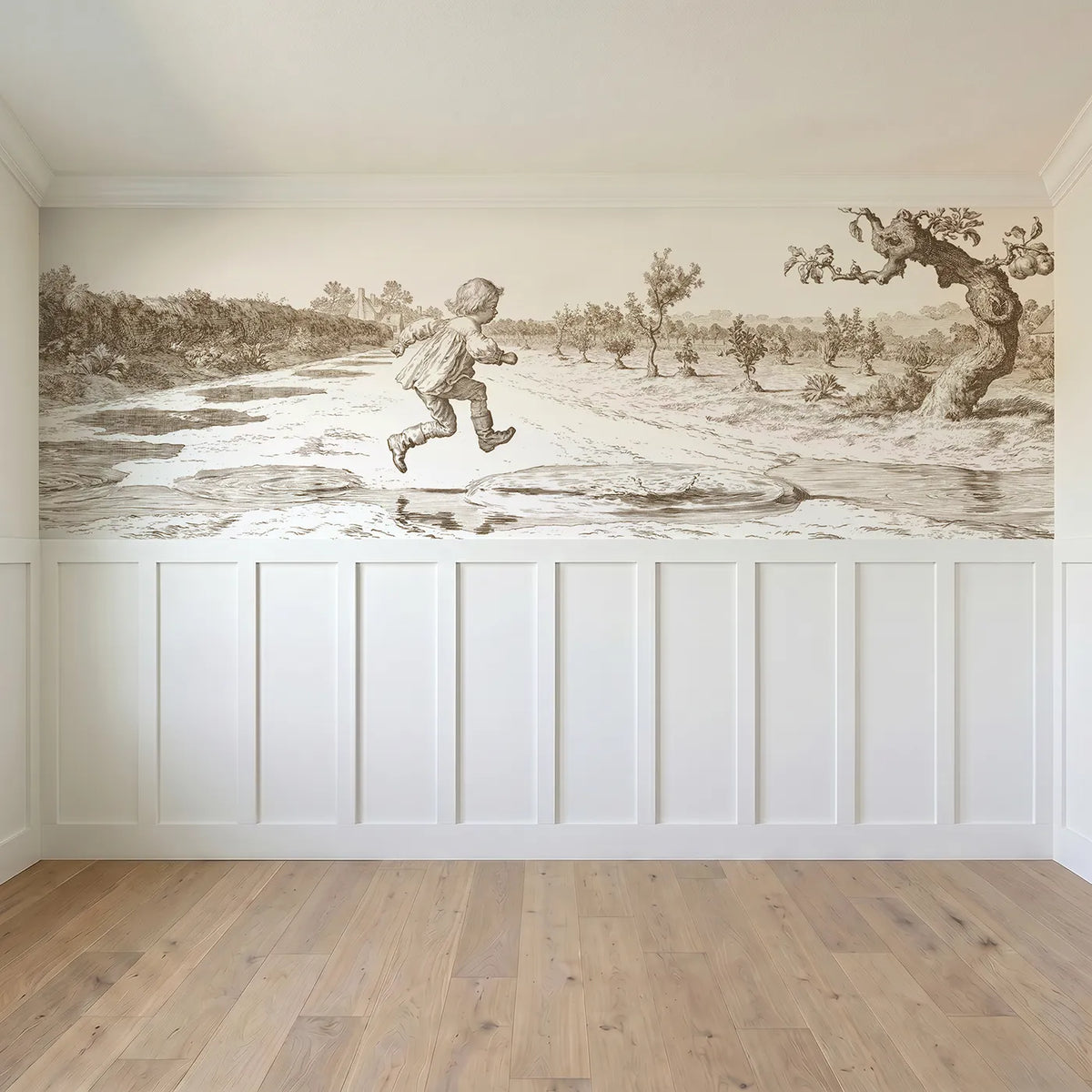 Full panel view of Jumping The Puddles Wainscoting Wallpaper in Brown by Whimsy Tots