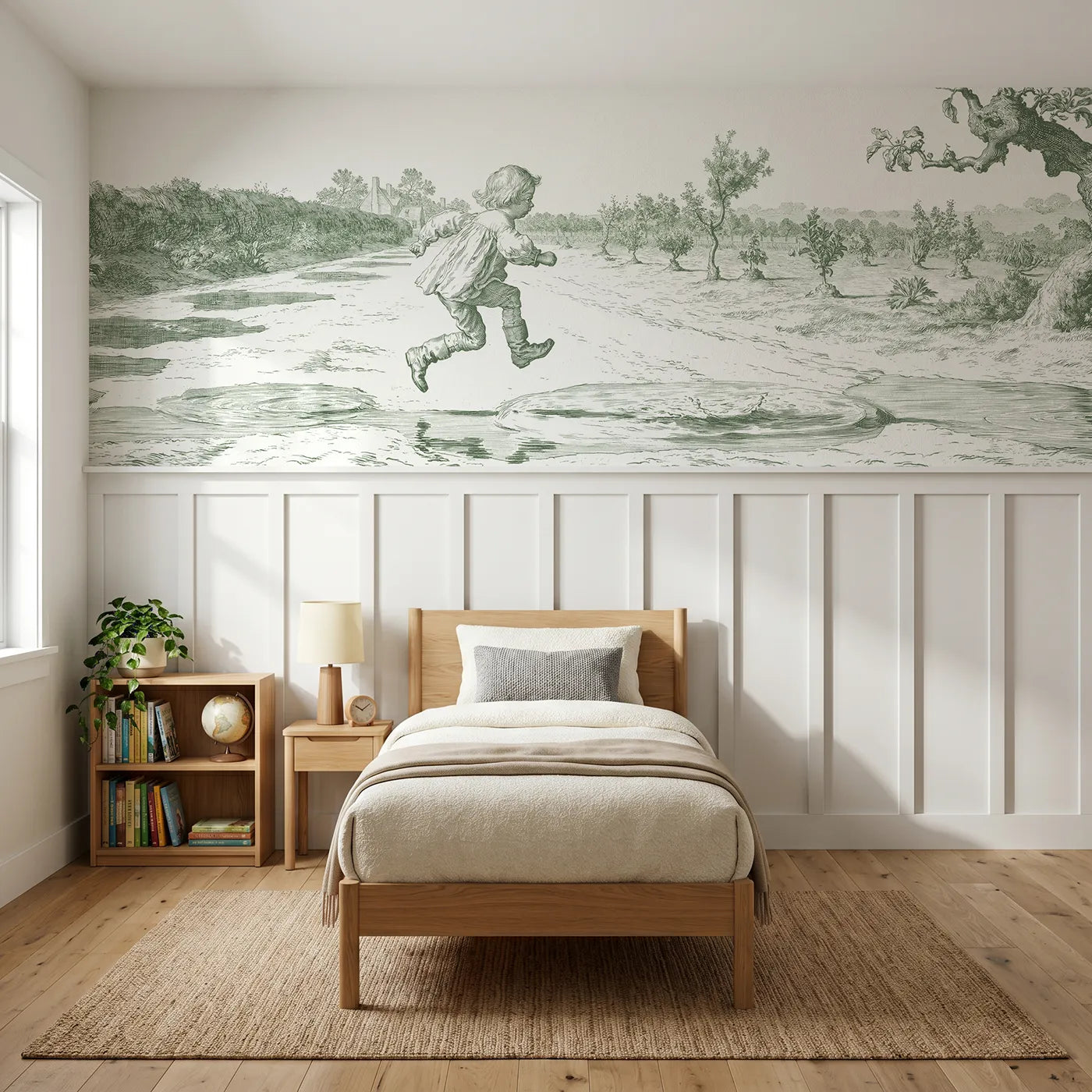 Toile wainscoting wallpaper of jumping the puddles in green by Whimsy Tots