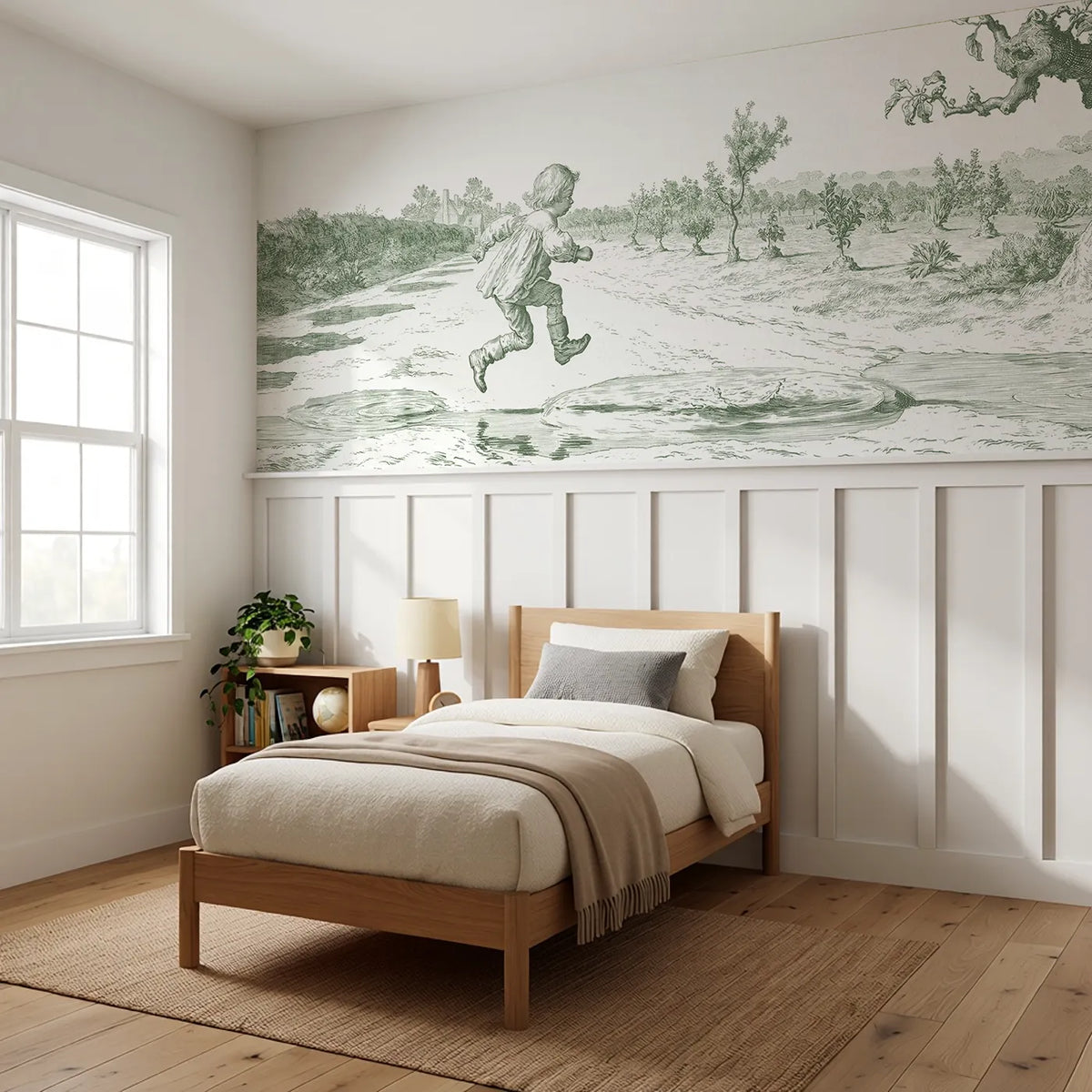 Jumping The Puddles Wainscoting Wallpaper in Green styled in a kids room by Whimsy Tots