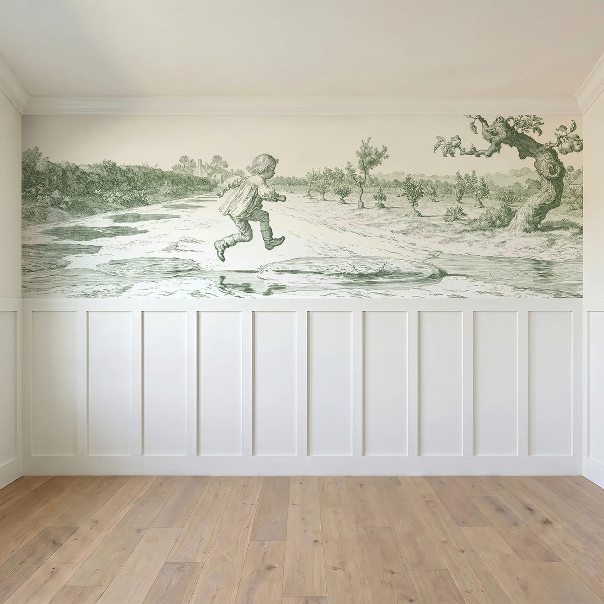 Full panel view of Jumping The Puddles Wainscoting Wallpaper in Green by Whimsy Tots