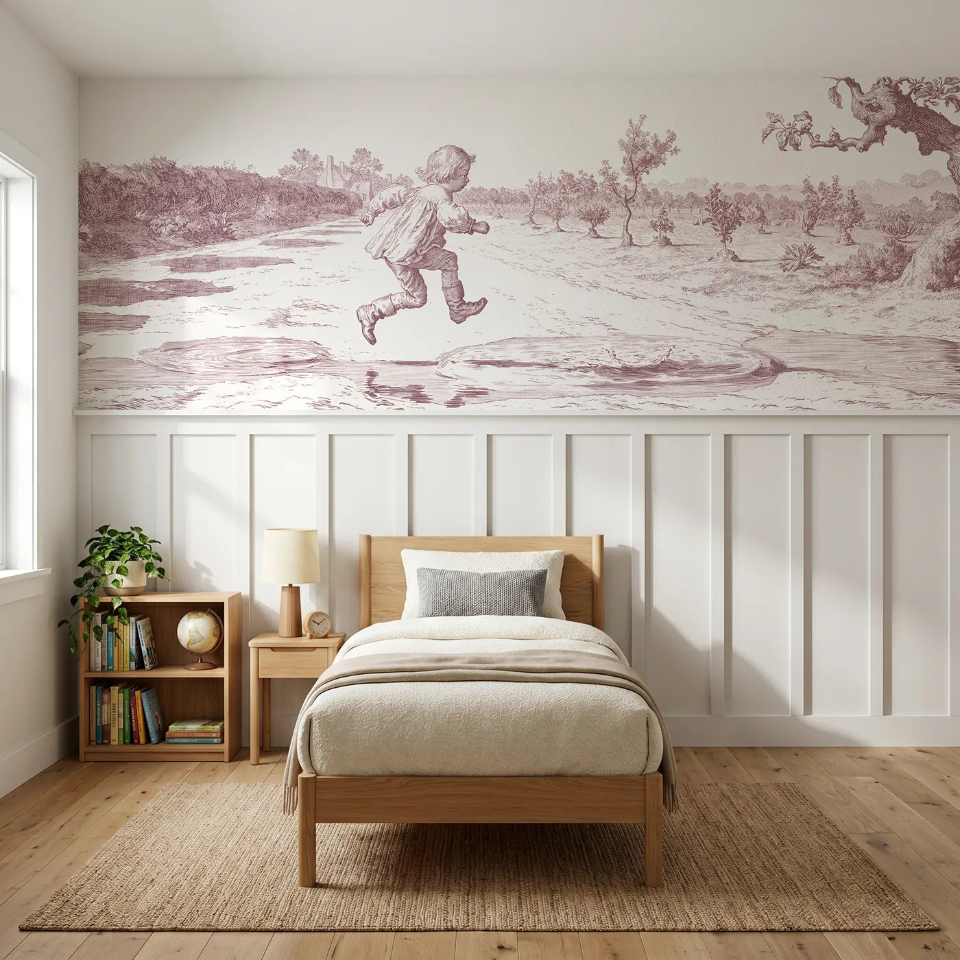 Toile wainscoting wallpaper of jumping the puddles in pink by Whimsy Tots