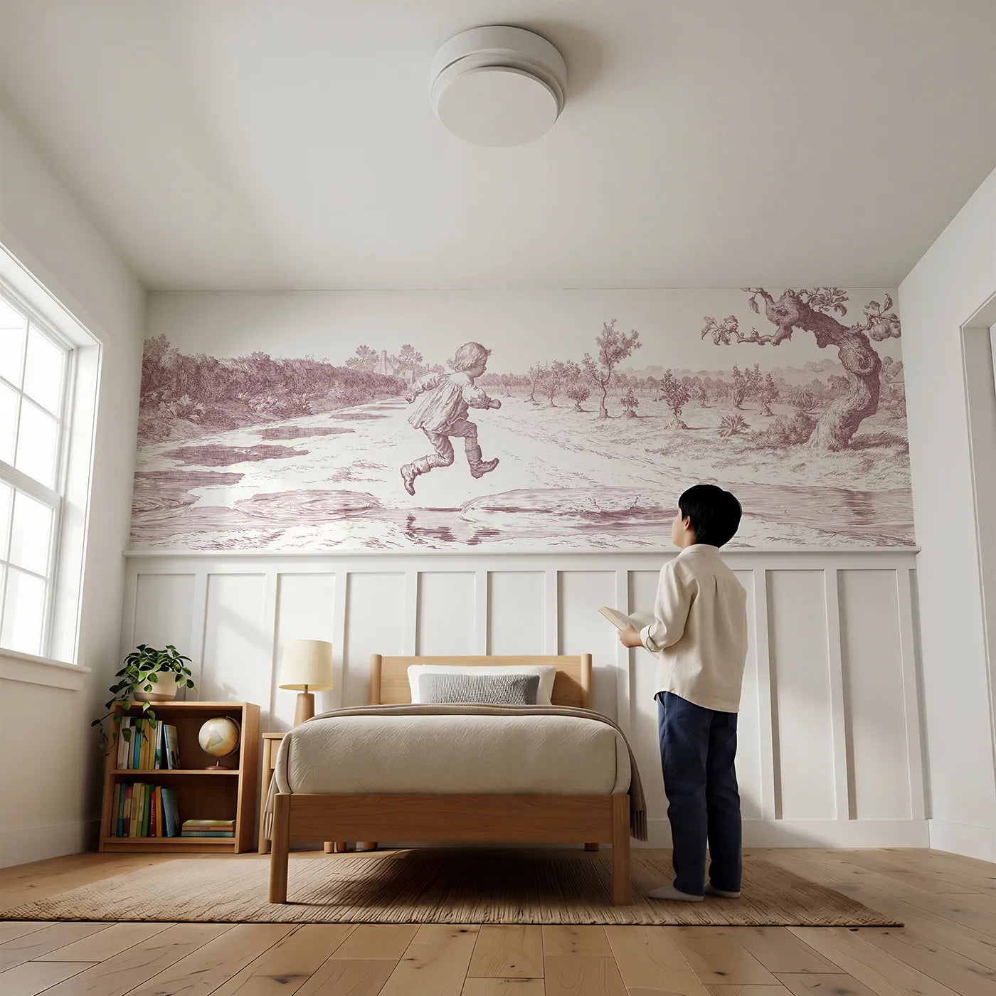Child reading near Jumping The Puddles Wainscoting Wallpaper in Pink by Whimsy Tots