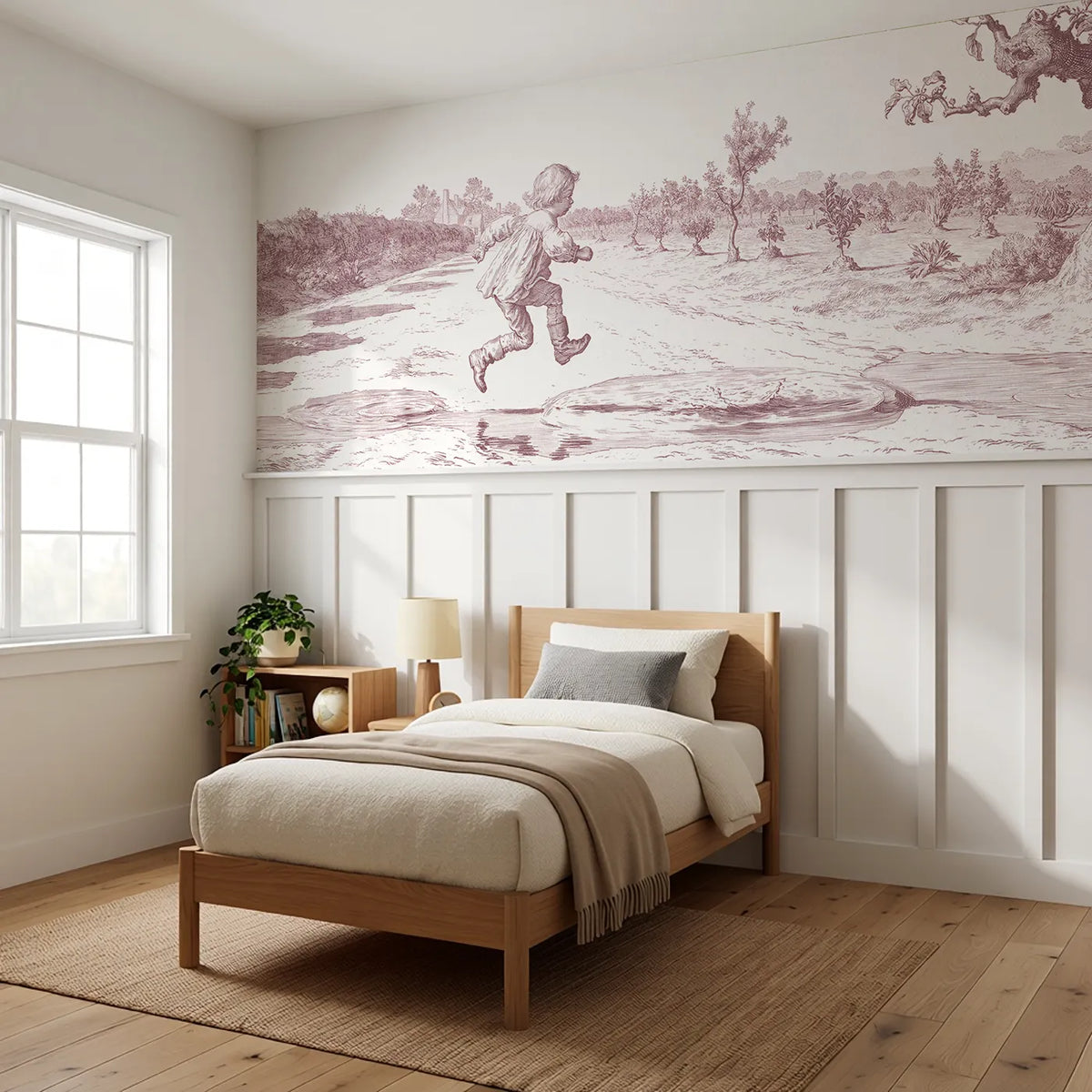 Jumping The Puddles Wainscoting Wallpaper in Pink styled in a kids room by Whimsy Tots