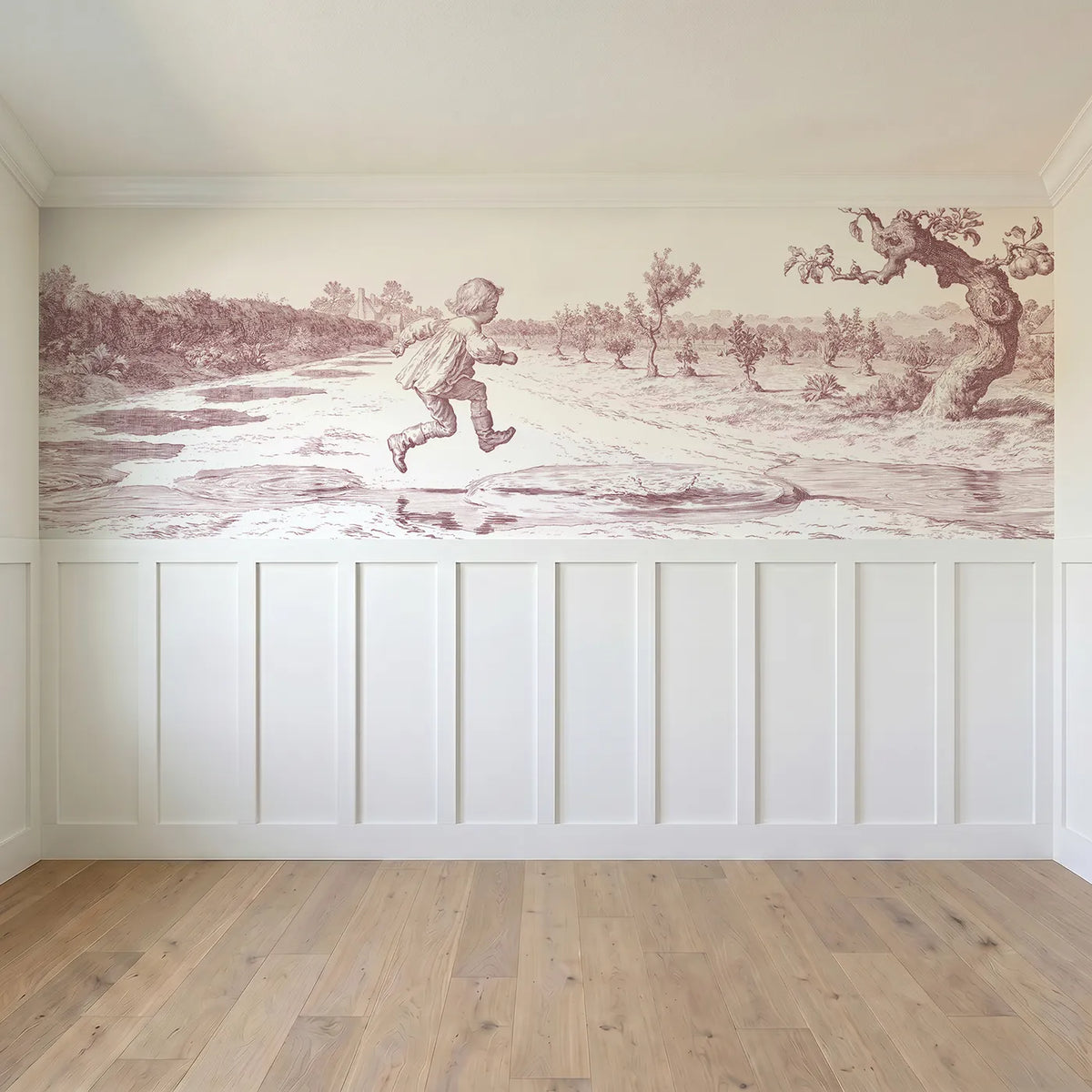 Full panel view of Jumping The Puddles Wainscoting Wallpaper in Pink by Whimsy Tots