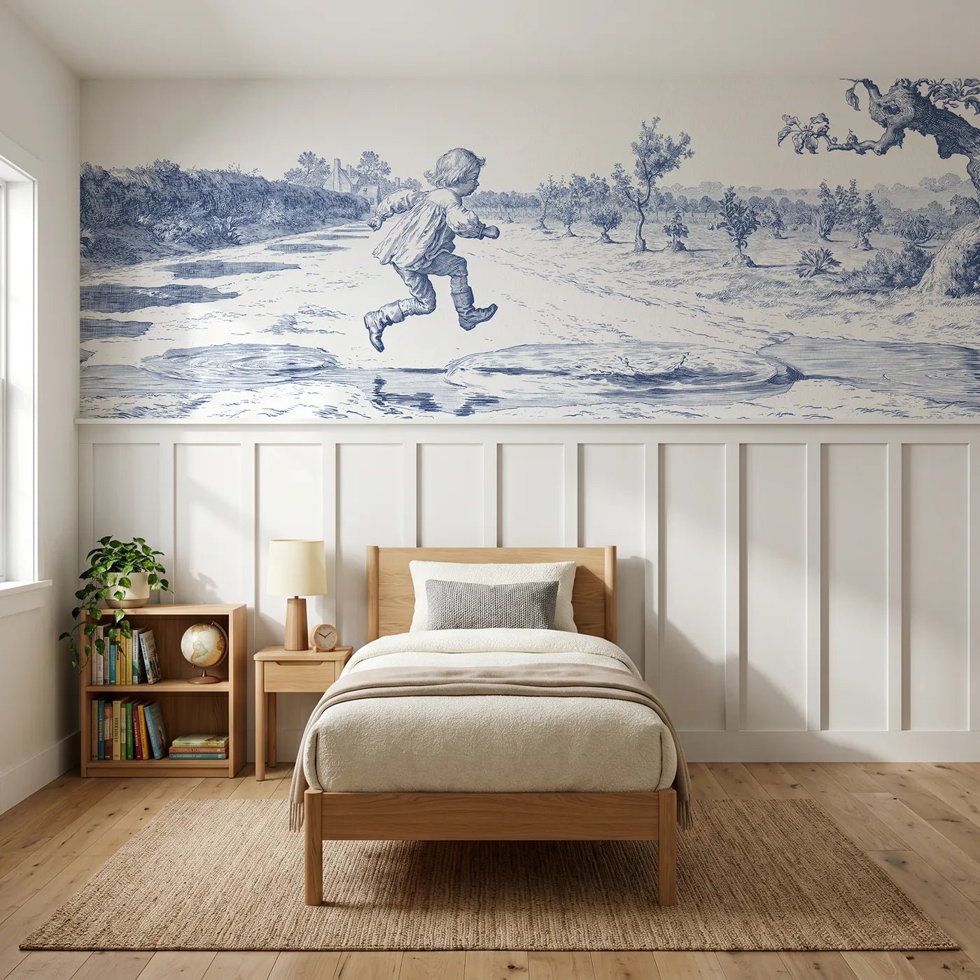 Toile wainscoting wallpaper of jumping the puddles by Whimsy Tots