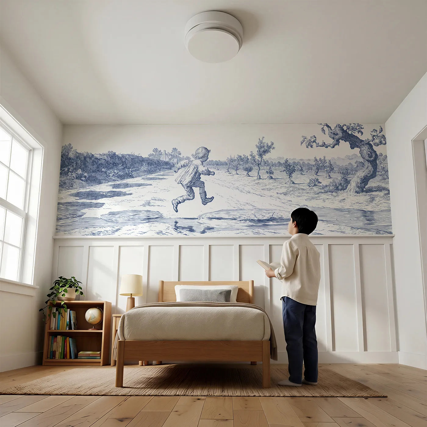 Child reading near Jumping The Puddles Wainscoting Wallpaper by Whimsy Tots