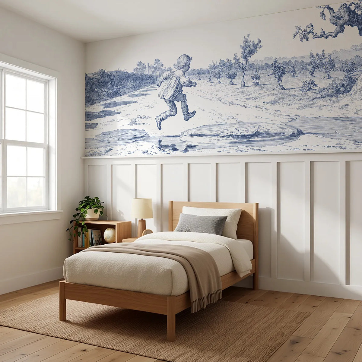 Jumping The Puddles Wainscoting Wallpaper styled in a kids room by Whimsy Tots