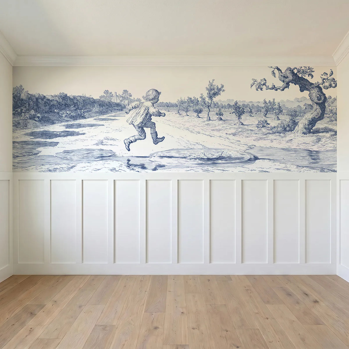 Full panel view of Jumping The Puddles Wainscoting Wallpaper by Whimsy Tots