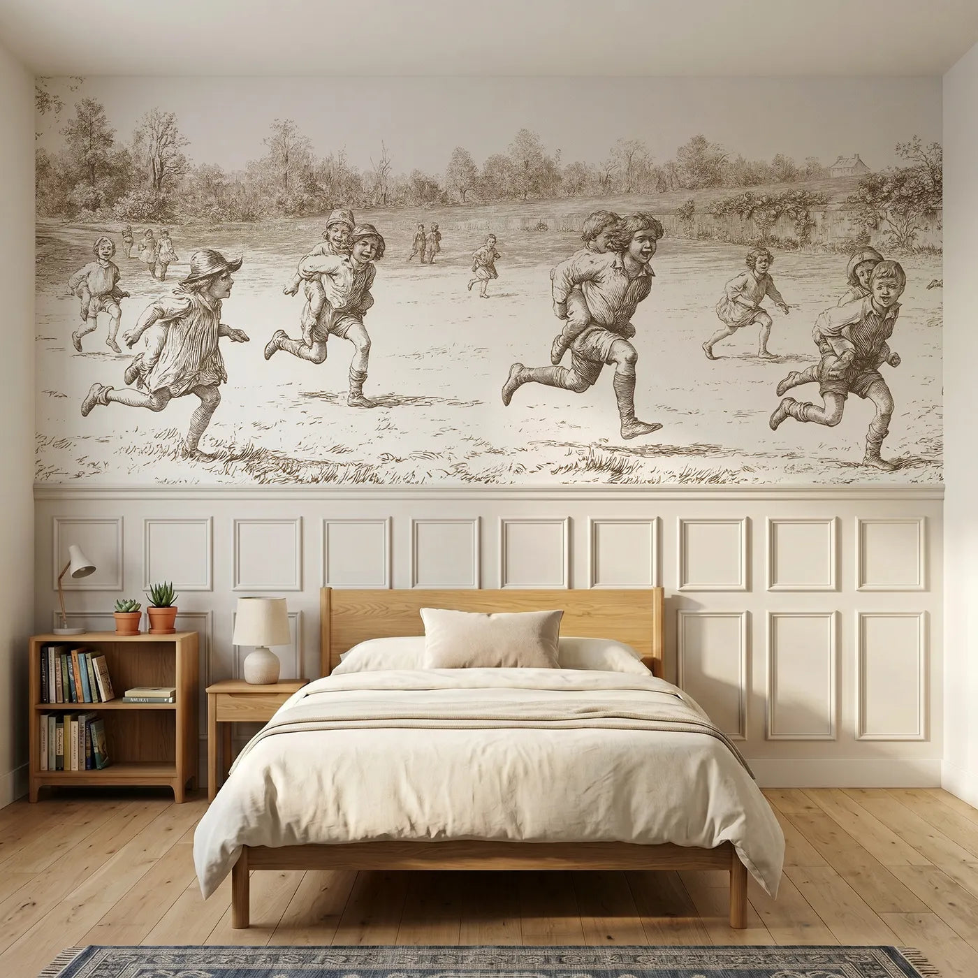 Toile wainscoting wallpaper of the piggyback race in brown by Whimsy Tots