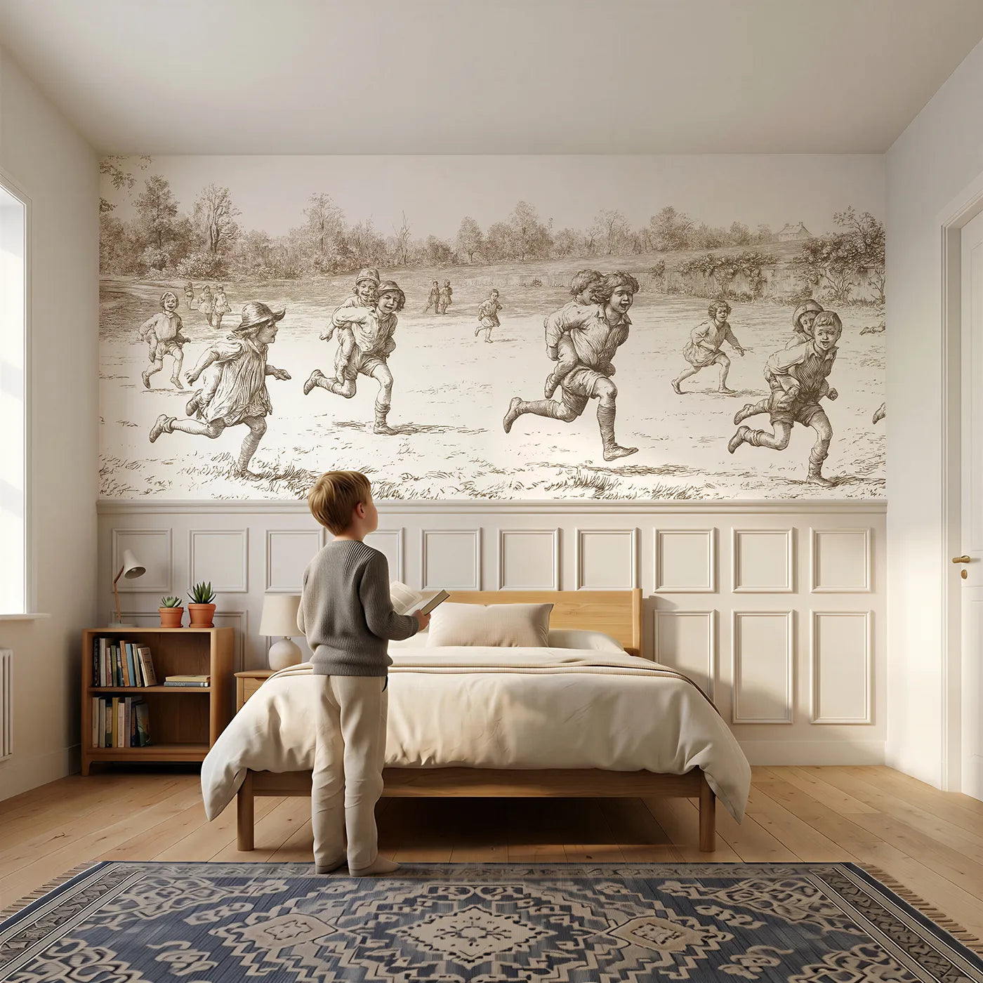 Child reading near The Piggyback Race Wainscoting Wallpaper in Brown by Whimsy Tots