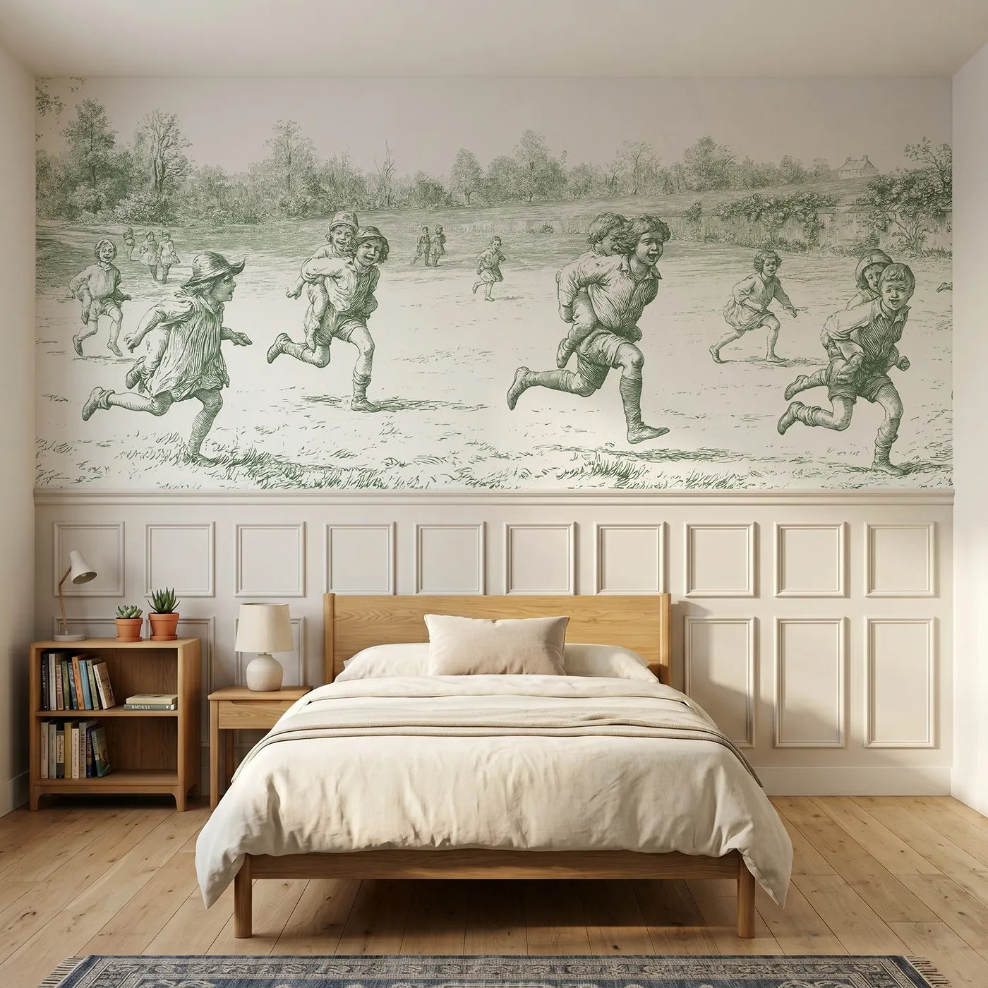 Toile wainscoting wallpaper of the piggyback race in green by Whimsy Tots