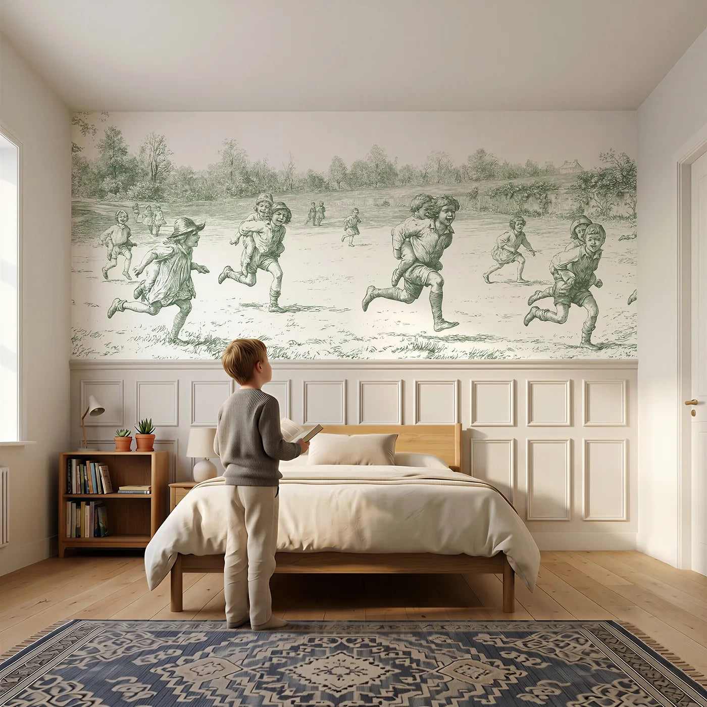 Child reading near The Piggyback Race Wainscoting Wallpaper in Green by Whimsy Tots