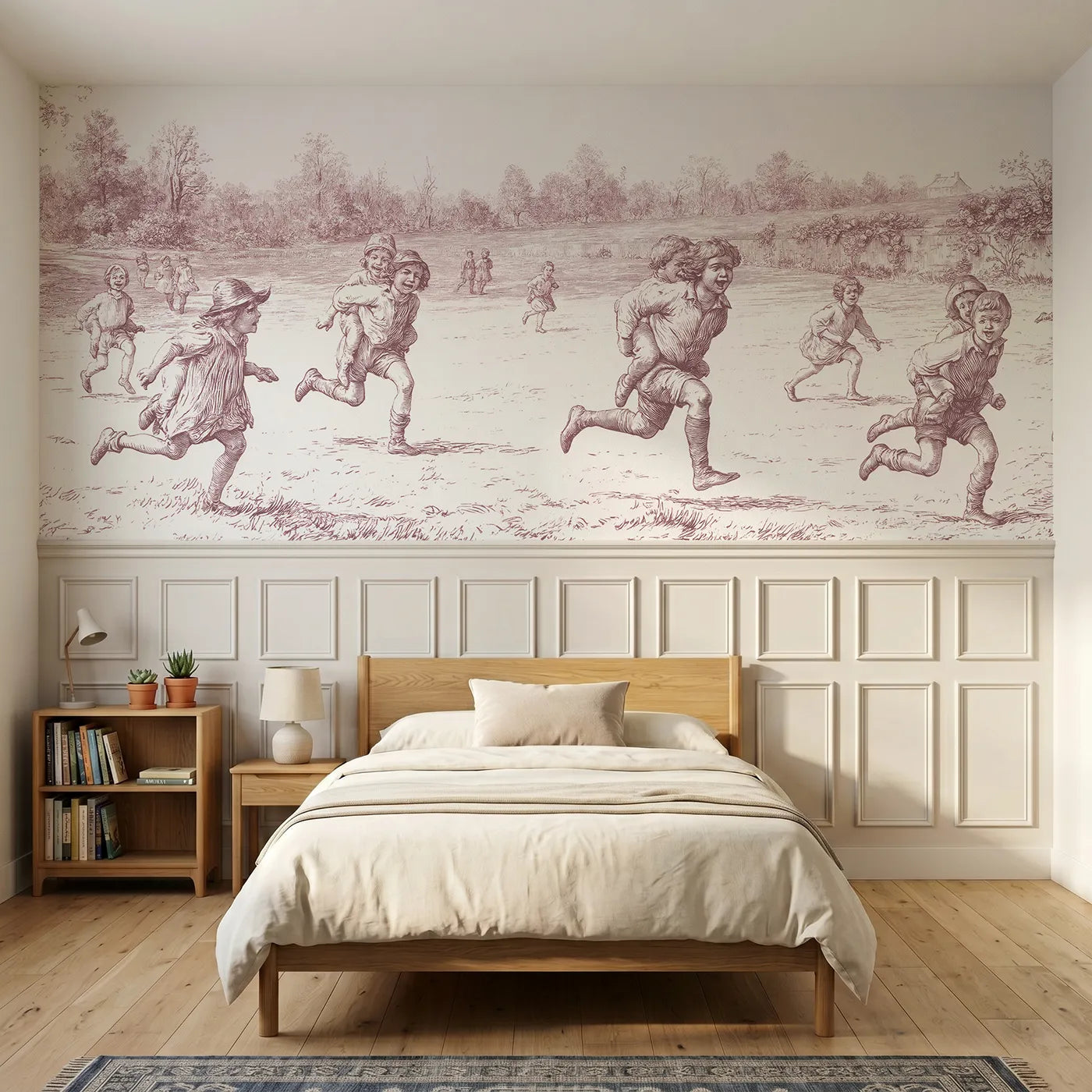 Toile wainscoting wallpaper of the piggyback race in pink by Whimsy Tots