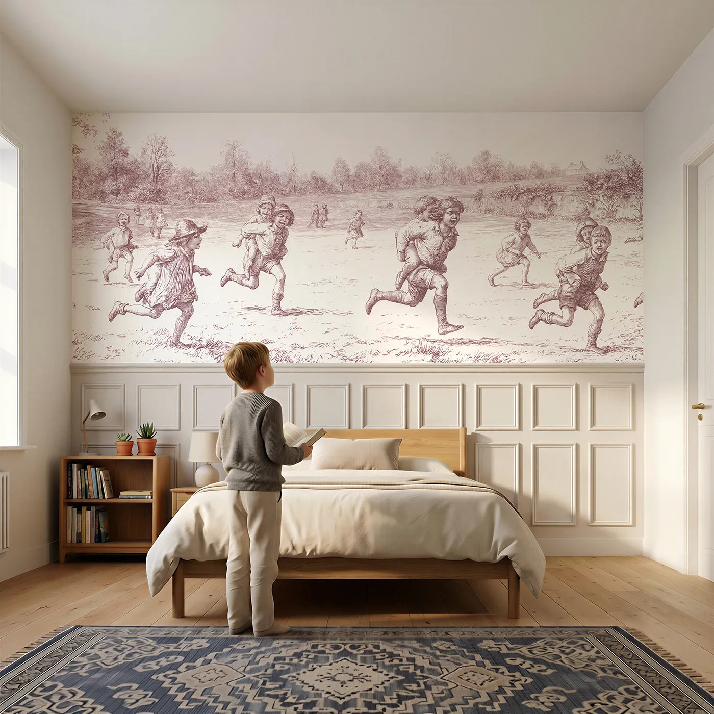 Child reading near The Piggyback Race Wainscoting Wallpaper in Pink by Whimsy Tots