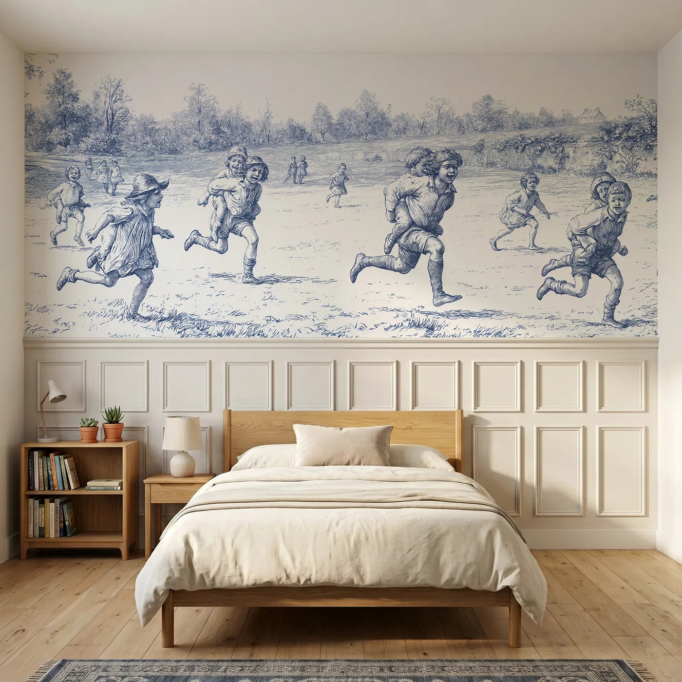 Toile wainscoting wallpaper of the piggyback race by Whimsy Tots