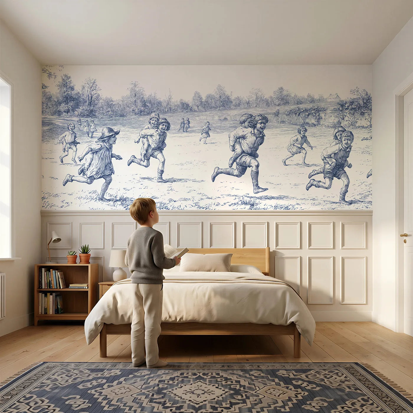 Child reading near The Piggyback Race Wainscoting Wallpaper by Whimsy Tots