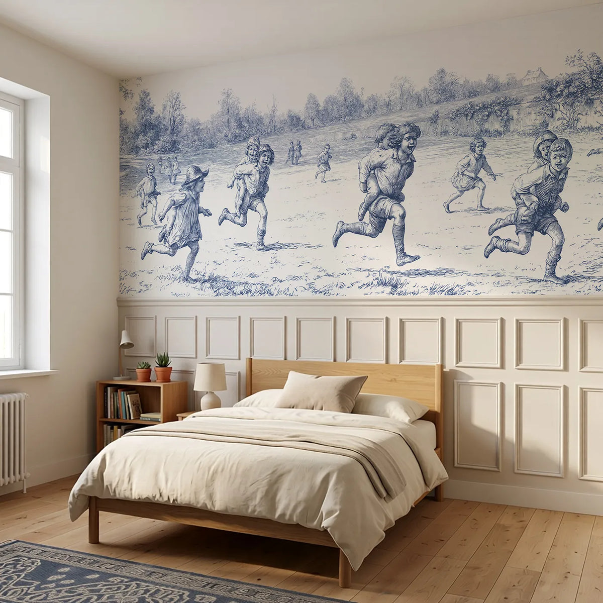 The Piggyback Race Wainscoting Wallpaper styled in a kids room by Whimsy Tots