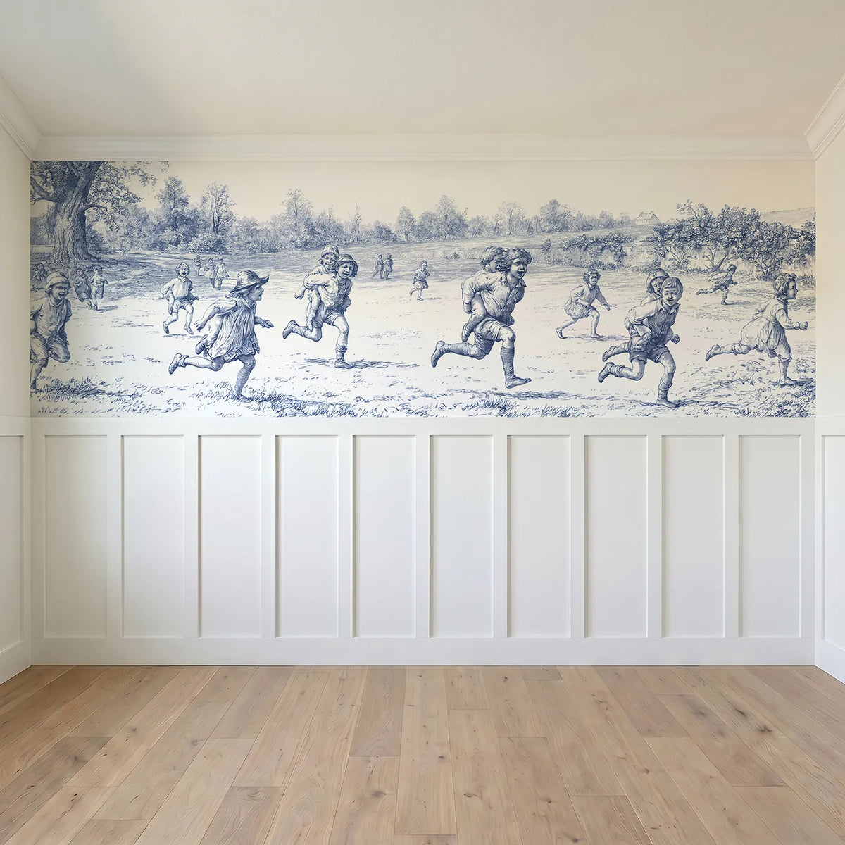 Full panel view of The Piggyback Race Wainscoting Wallpaper by Whimsy Tots