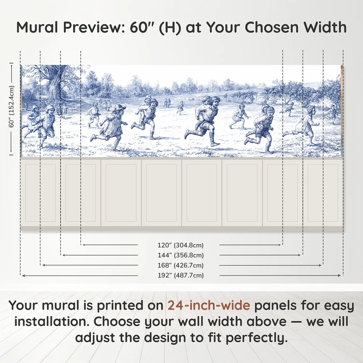 Panel dimensions for The Piggyback Race Wainscoting Wallpaper by Whimsy Tots