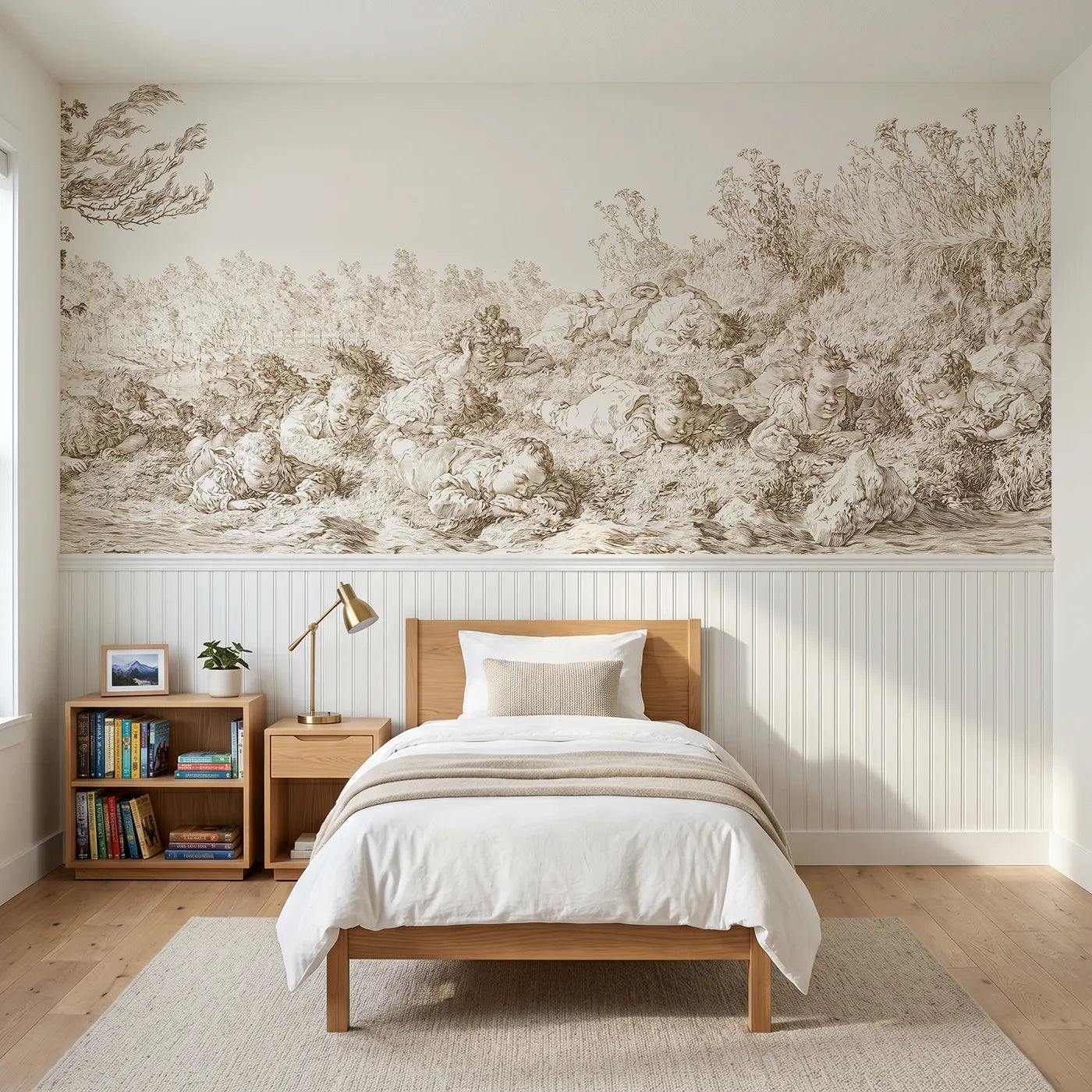 Toile wainscoting wallpaper of rolling down the hill in brown by Whimsy Tots