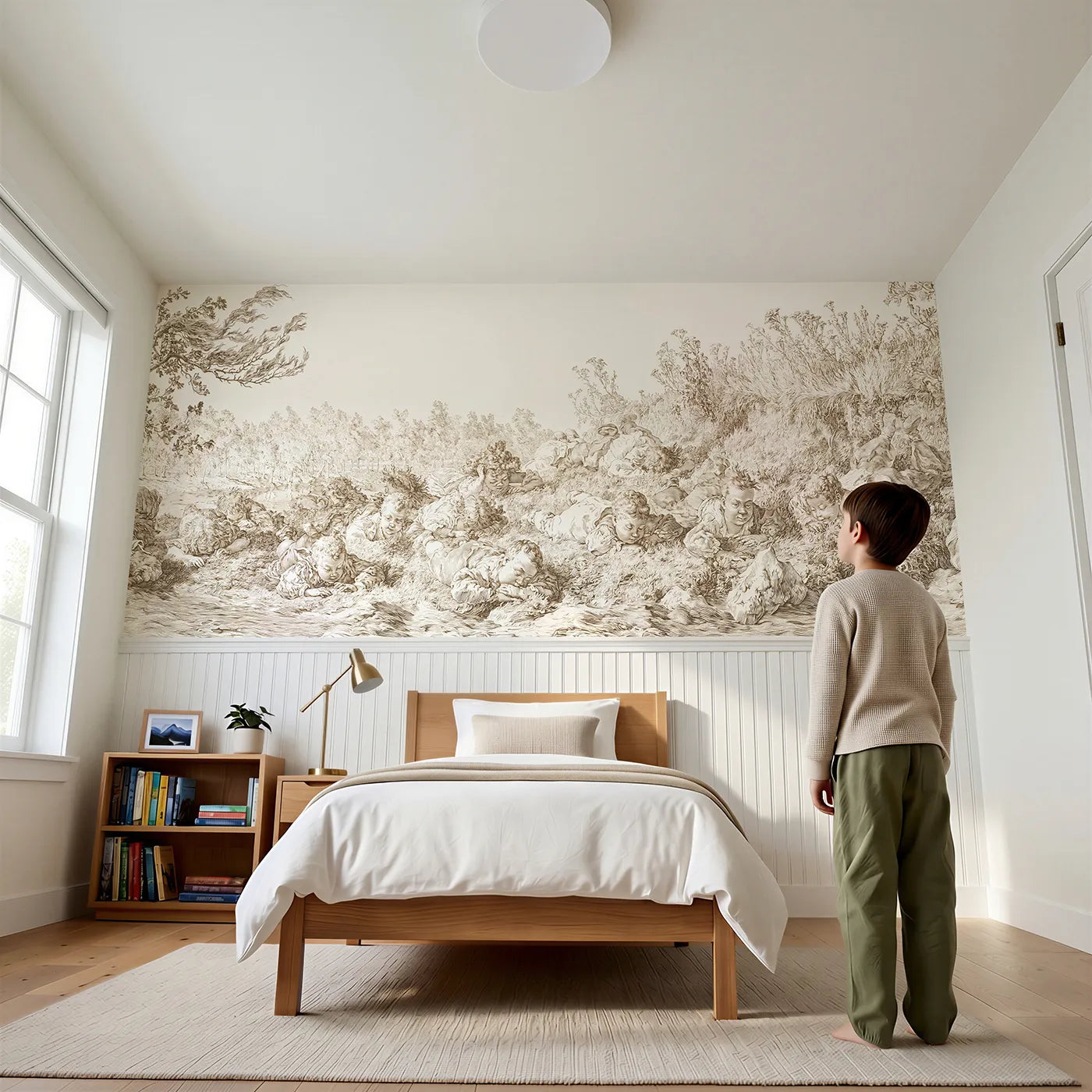 Child reading near Rolling Down The Hill Wainscoting Wallpaper in Brown by Whimsy Tots