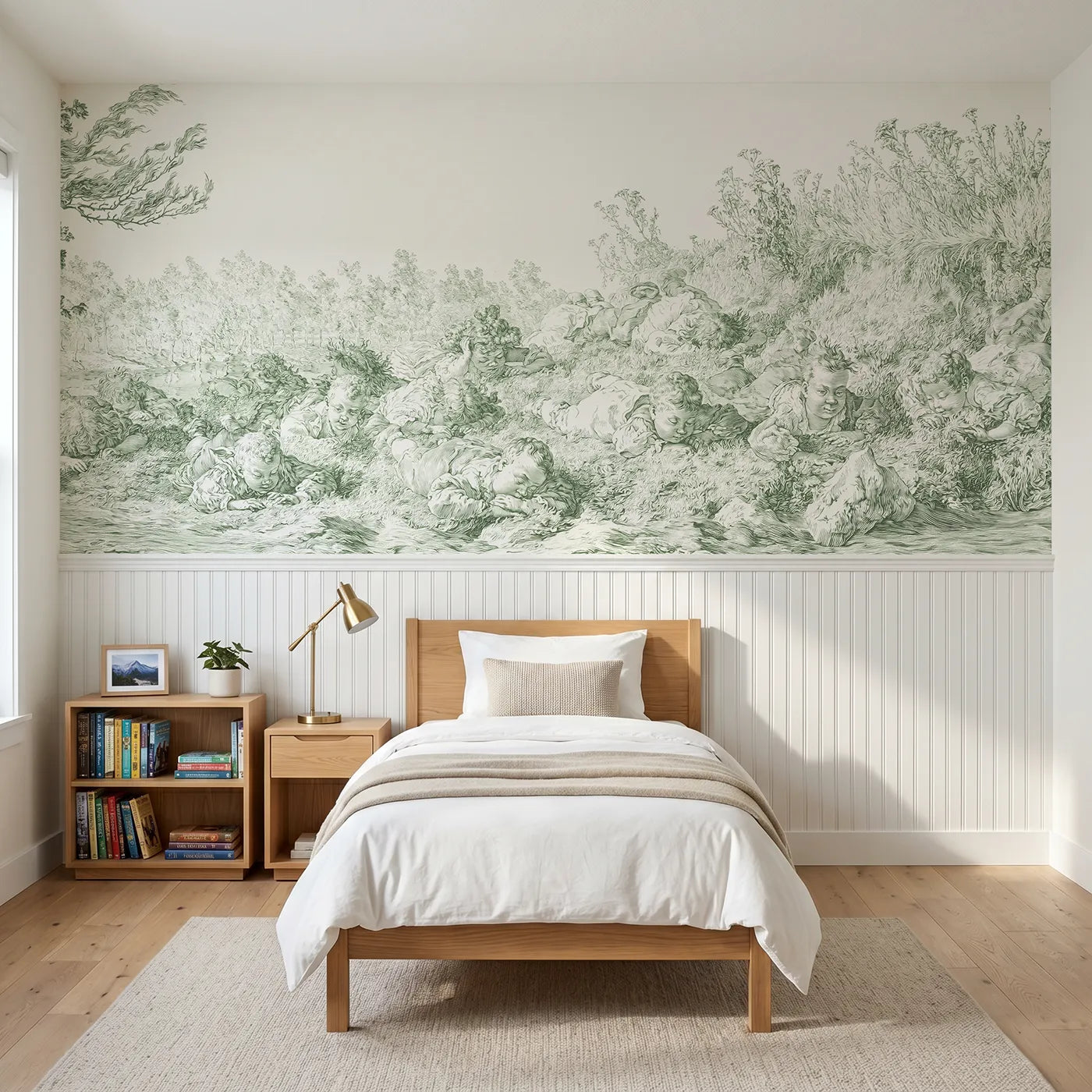 Toile wainscoting wallpaper of rolling down the hill in green by Whimsy Tots