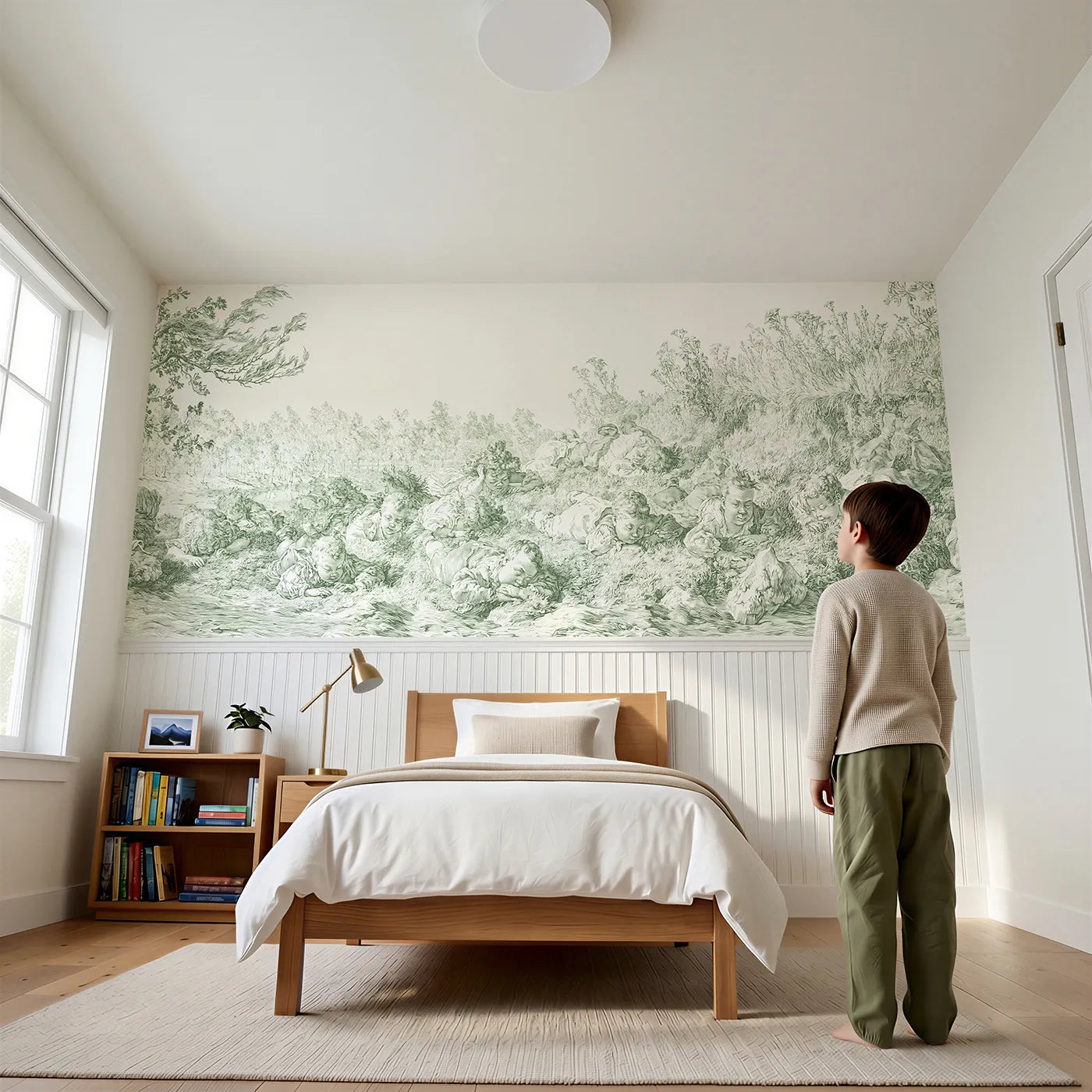Child reading near Rolling Down The Hill Wainscoting Wallpaper in Green by Whimsy Tots