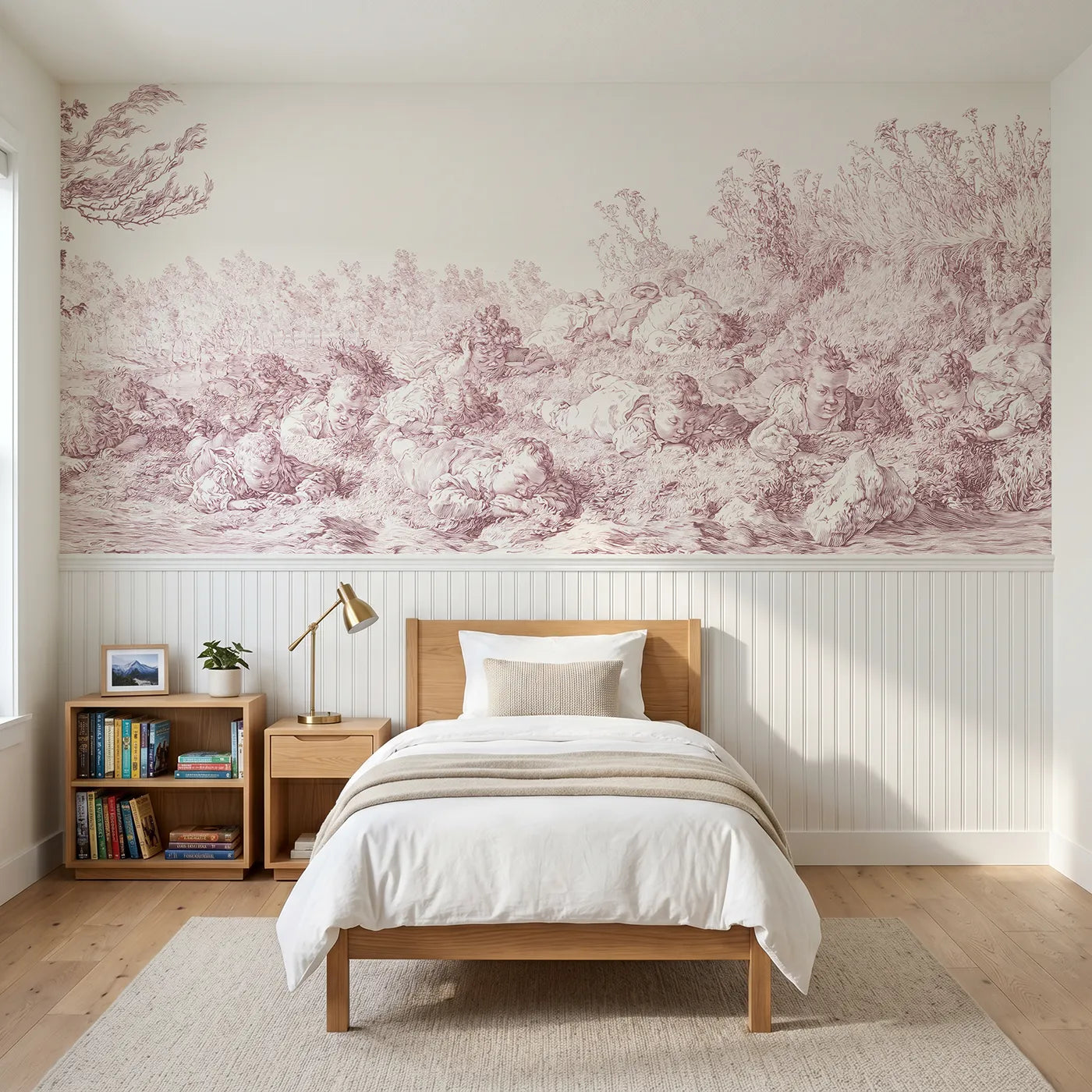 Toile wainscoting wallpaper of rolling down the hill in pink by Whimsy Tots