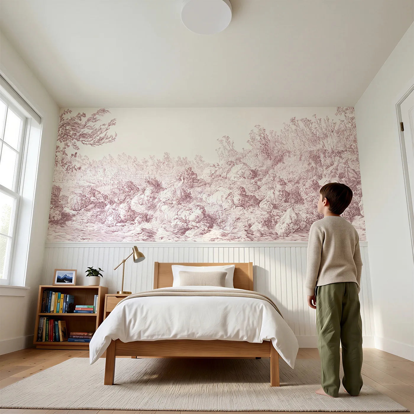 Child reading near Rolling Down The Hill Wainscoting Wallpaper in Pink by Whimsy Tots
