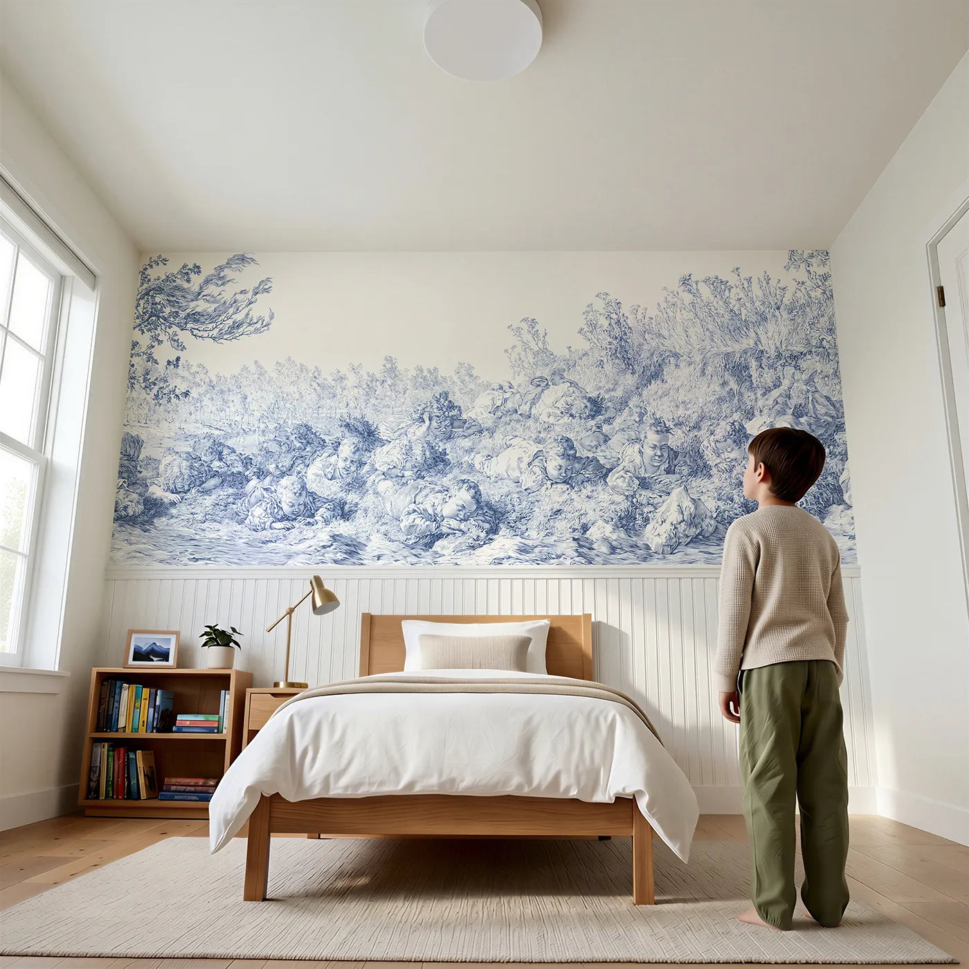 Child reading near Rolling Down The Hill Wainscoting Wallpaper by Whimsy Tots