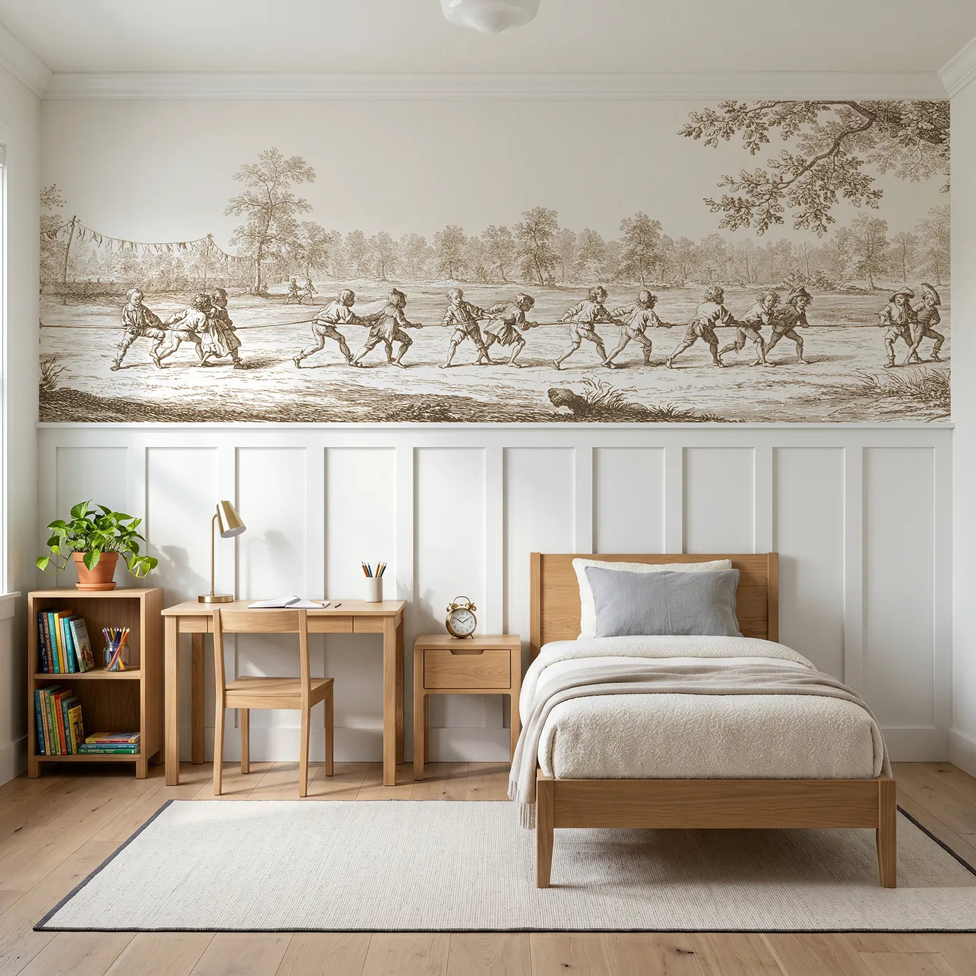 Toile wainscoting wallpaper of the three legged race in brown by Whimsy Tots