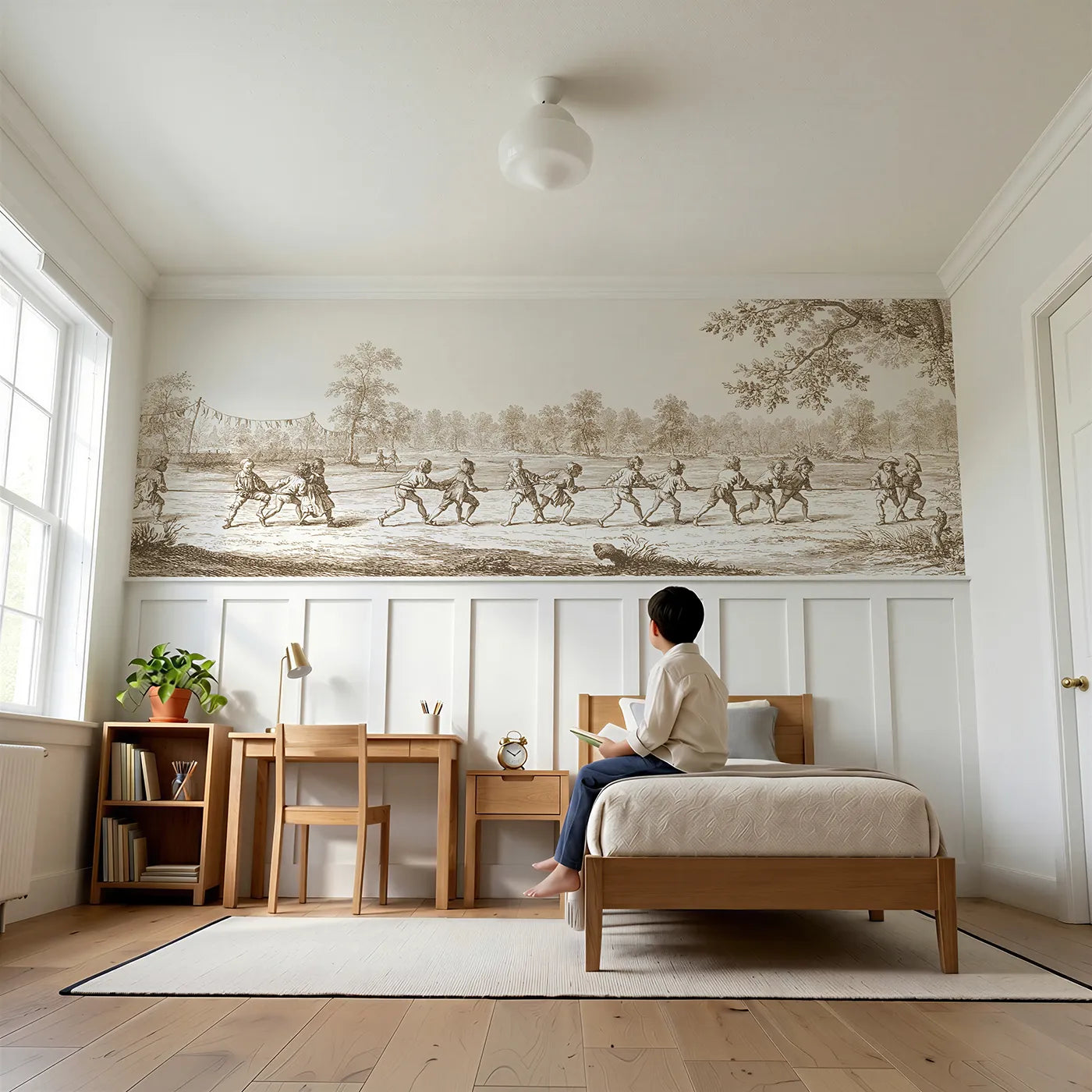 Child reading near The Three Legged Race Wainscoting Wallpaper in Brown by Whimsy Tots