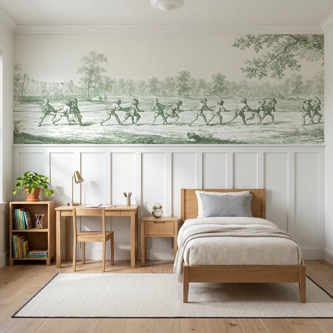 Toile wainscoting wallpaper of the three legged race in green by Whimsy Tots
