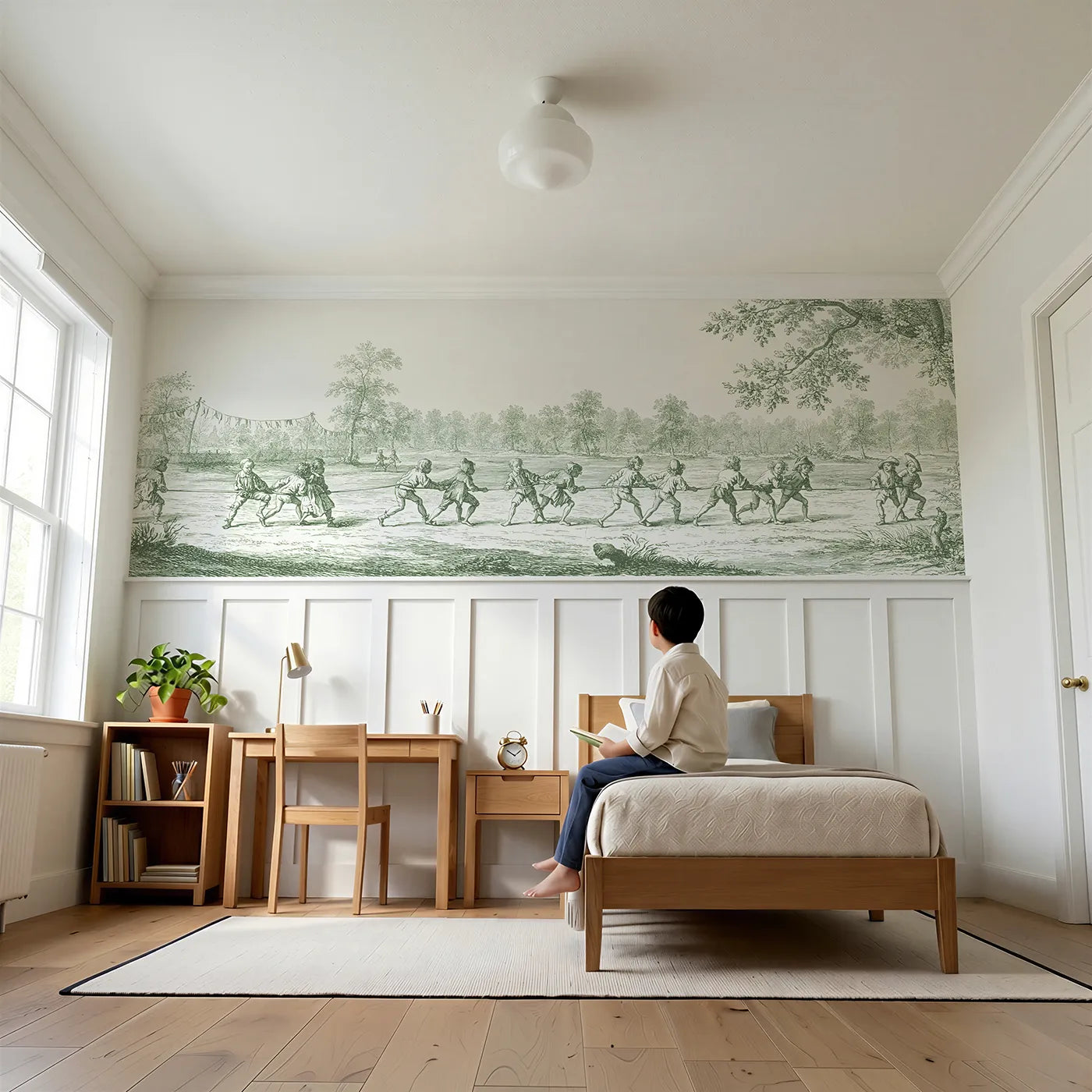 Child reading near The Three Legged Race Wainscoting Wallpaper in Green by Whimsy Tots