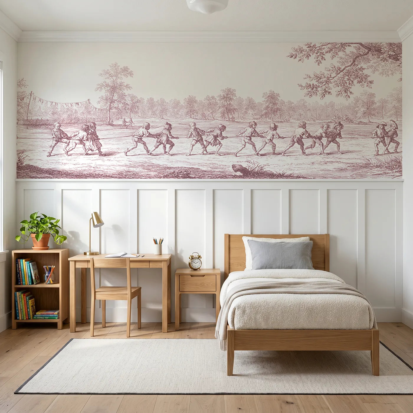 Toile wainscoting wallpaper of the three legged race in pink by Whimsy Tots