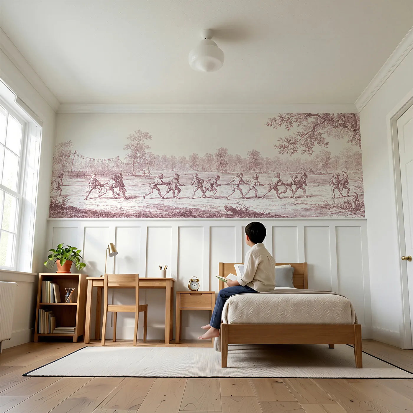 Child reading near The Three Legged Race Wainscoting Wallpaper in Pink by Whimsy Tots