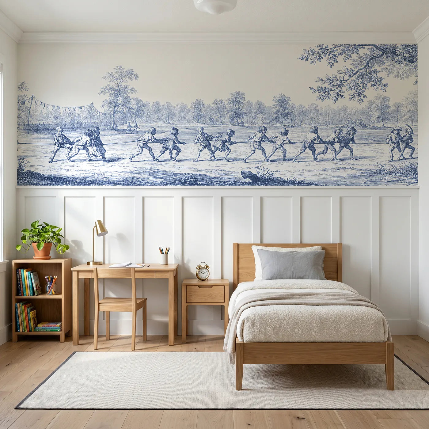 Toile wainscoting wallpaper of the three legged race by Whimsy Tots
