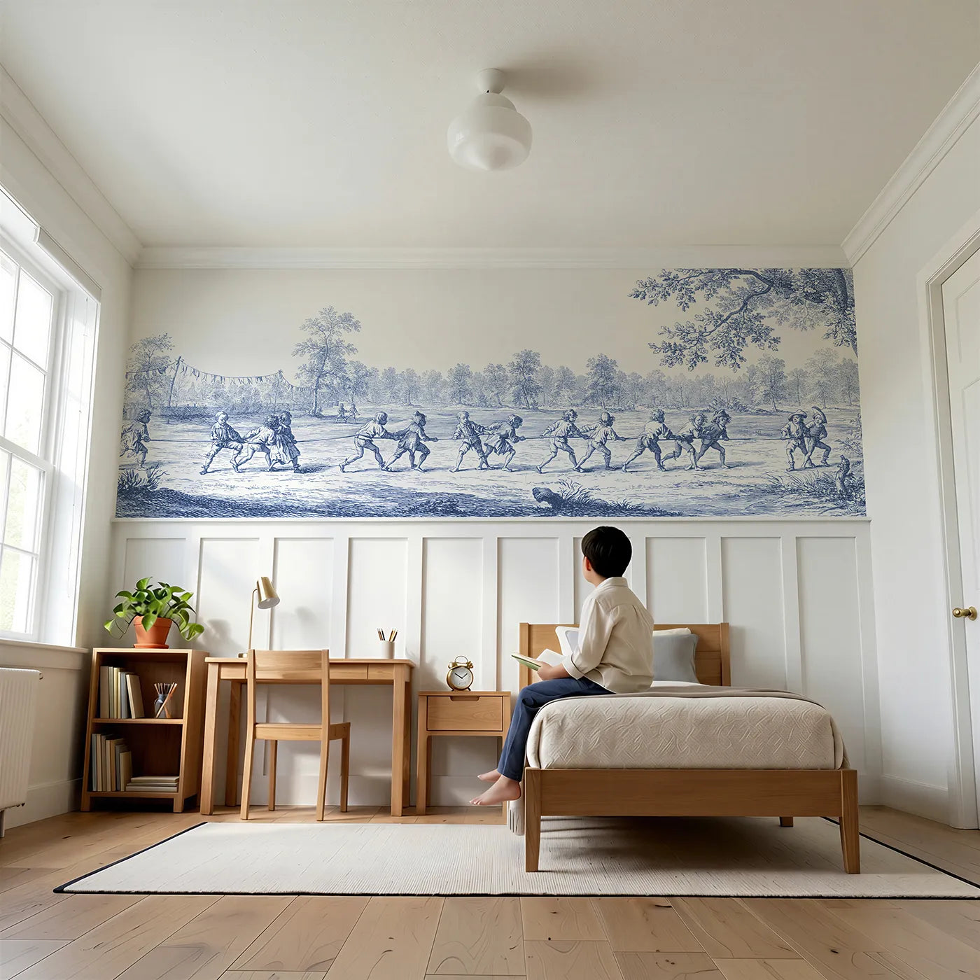 Child reading near The Three Legged Race Wainscoting Wallpaper by Whimsy Tots